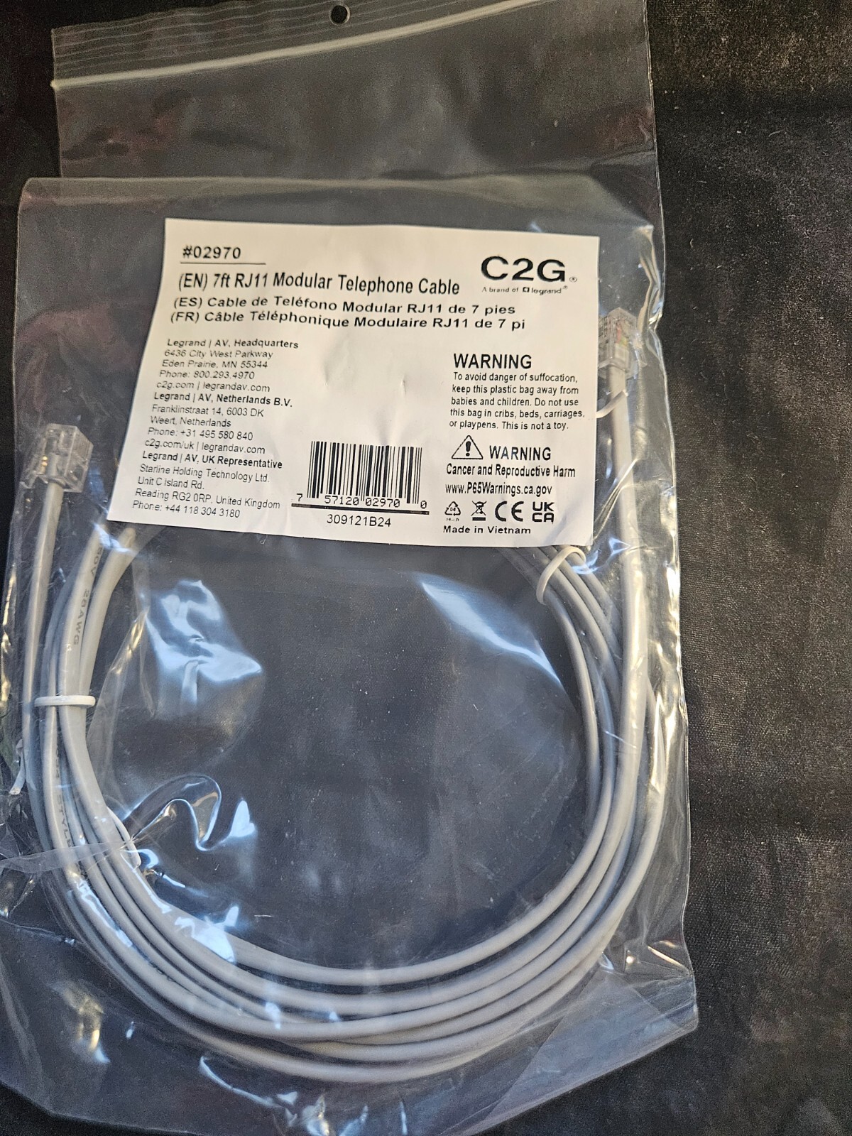 Cables To Go Model 02970 7 ft. RJ11 Modular Telephone Cable Male to Male (16710-