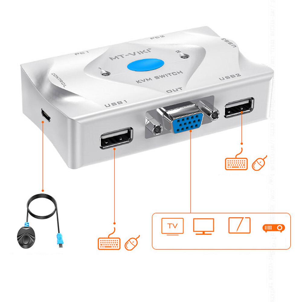 1pc MT-VIKI MT-201KL 2 Port VGA USB KVM Switch With Wire Remote Controller White
