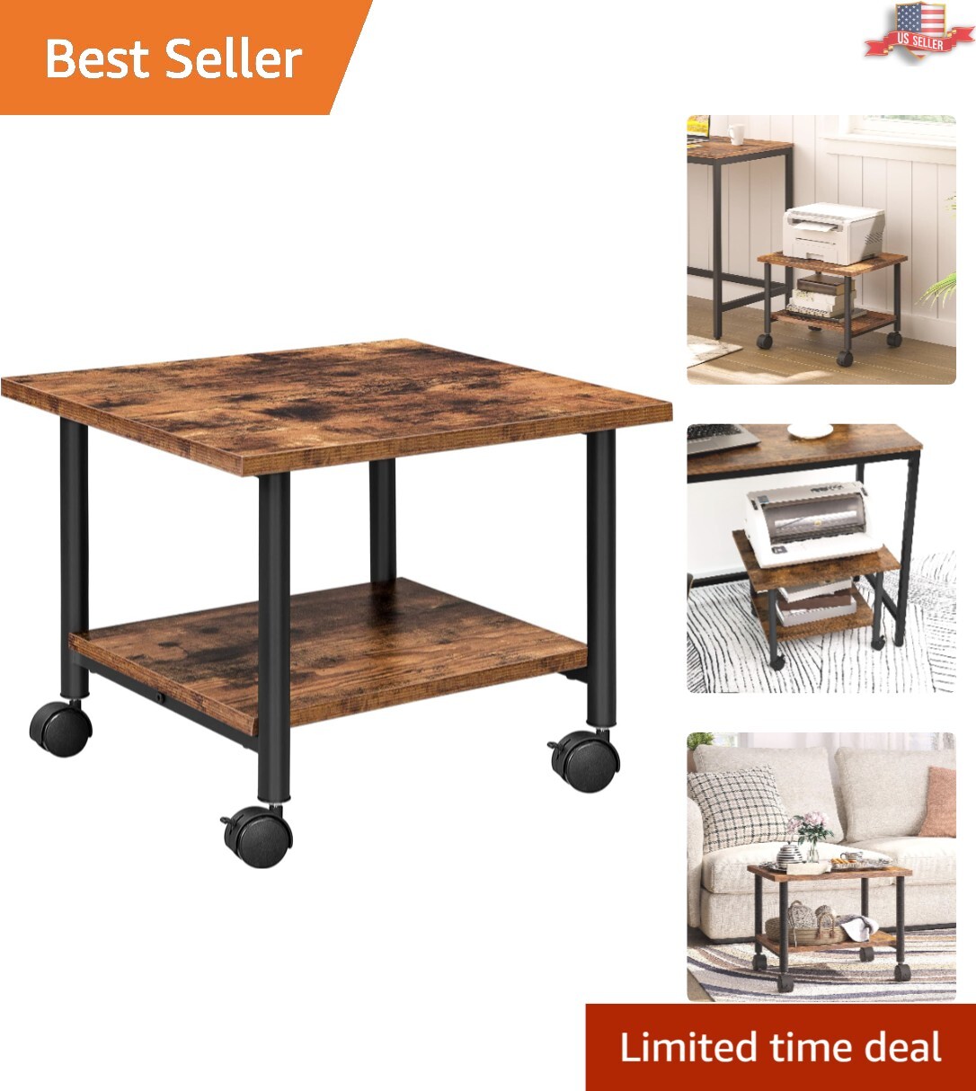 Portable Under Desk Printer Cart - Mobile Storage Rack - Rustic Brown and Black