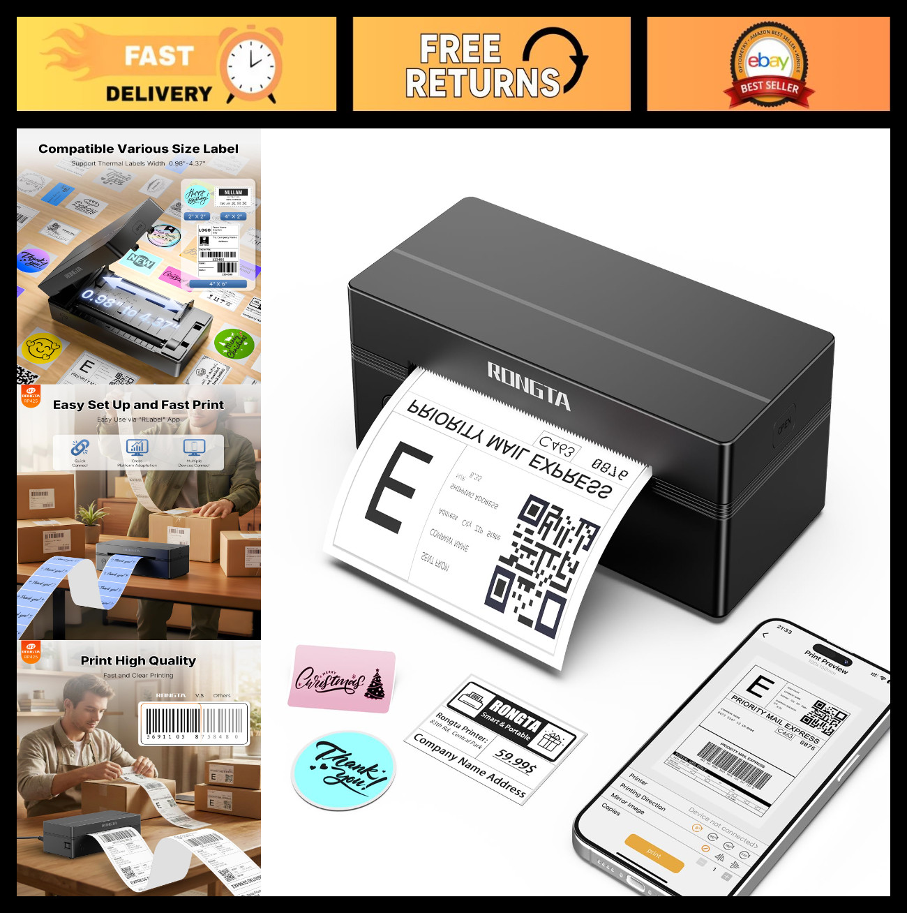 Wireless Bluetooth 4x6 Thermal Label Printer for Shipping & Small Business, Comp