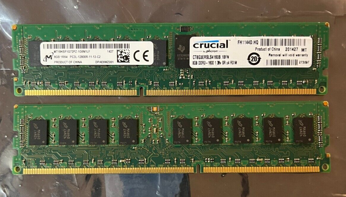 Crucial 2 pack 16GB (2x8GB) DDR3 1Rx4 RDIMM CT8G3ERSLS4160B