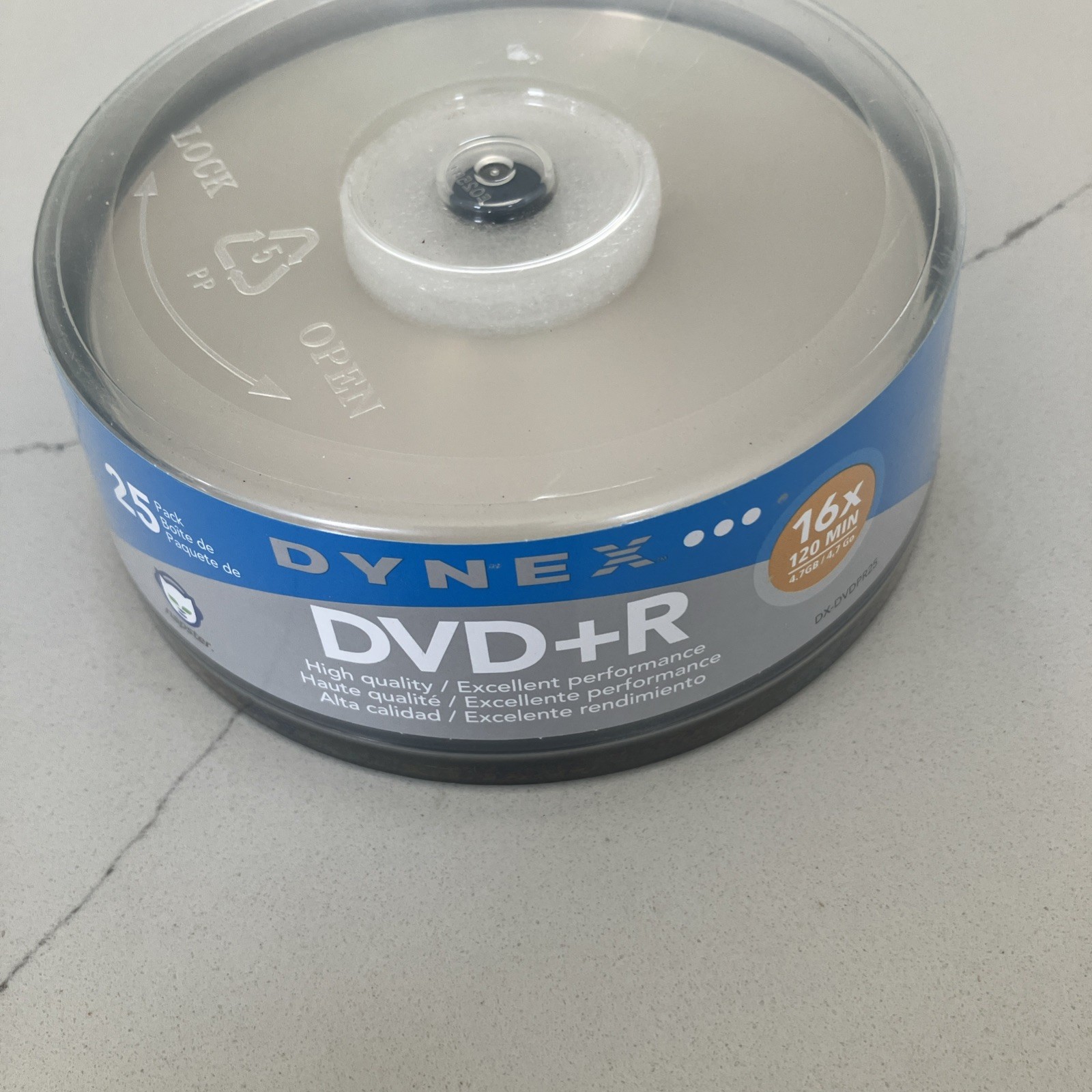 sealed 25-pack spindle of Dynex 16x DVD+R recordable discs