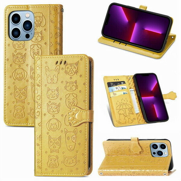 Flip Leather Cat Dog Wallet Cover Case For 18 17 16 14 15 13 12 11 Pro Max 16E