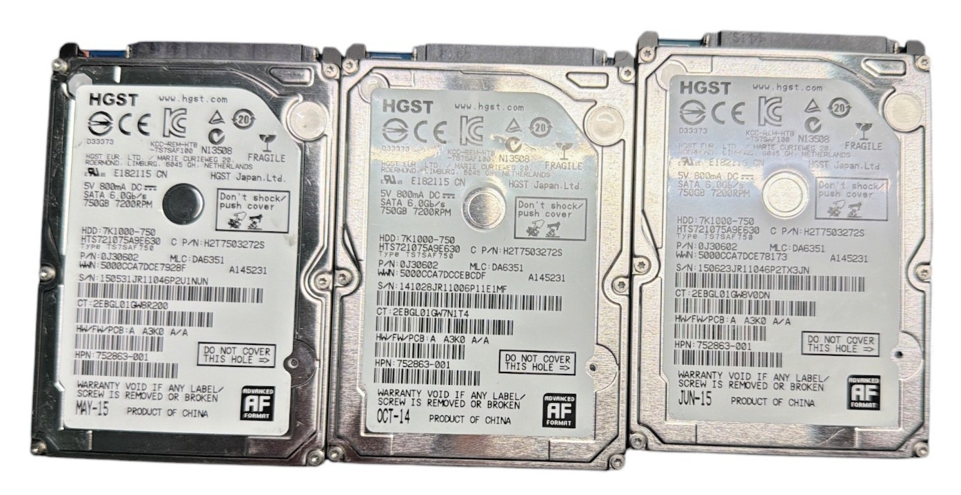 Lot of 3 HGST 750GB 7200RPM 2.5" SATA HDD Wiped Tested CDI 100% Laptop