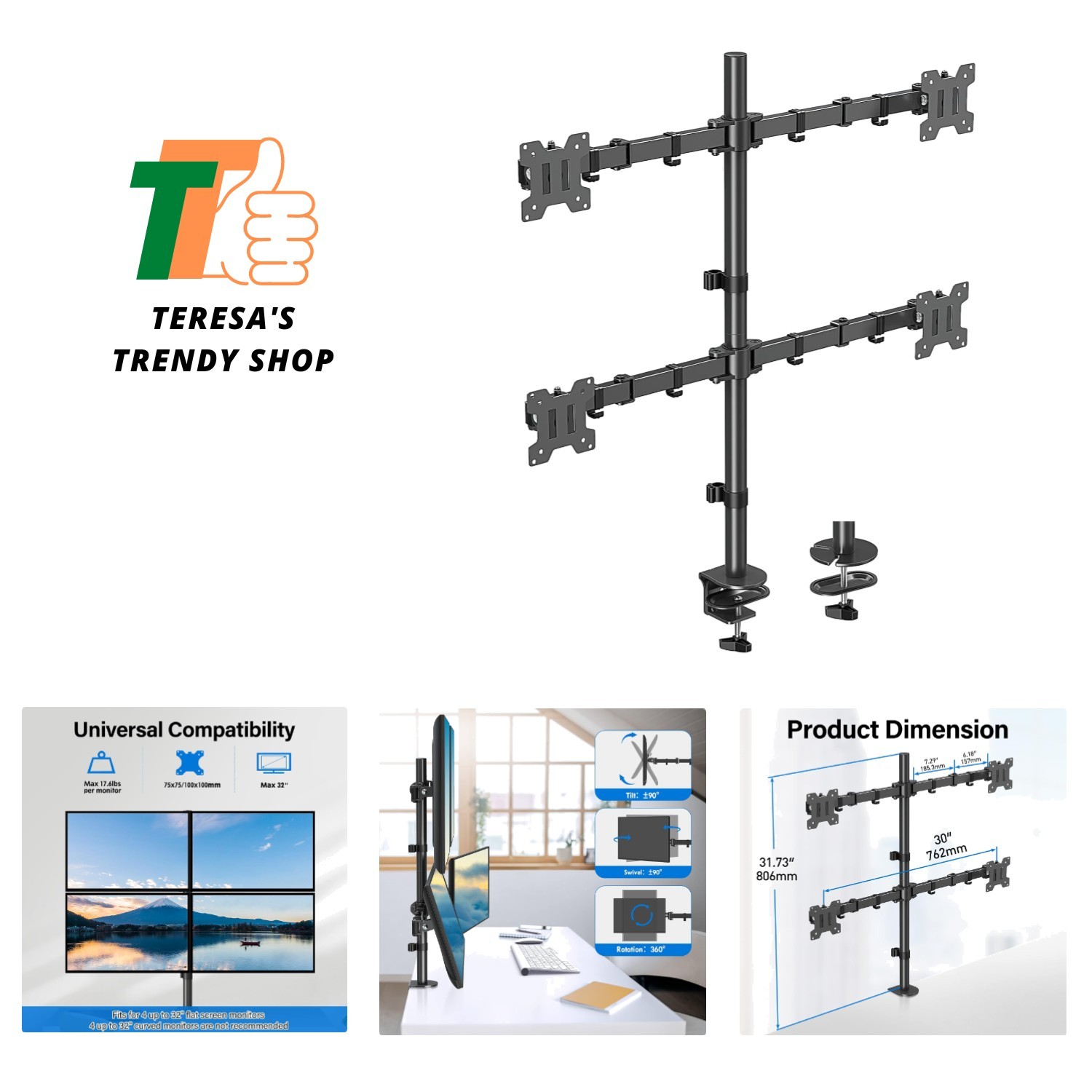 Fully Adjustable Quad Monitor Mount – Space-Saving & Durable Design