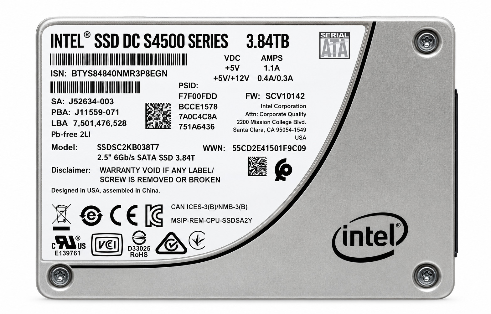 Intel DC S4500 SSDSC2KB038T7 3.84TB SATA 6Gb/s 2.5" Enterprise SSD