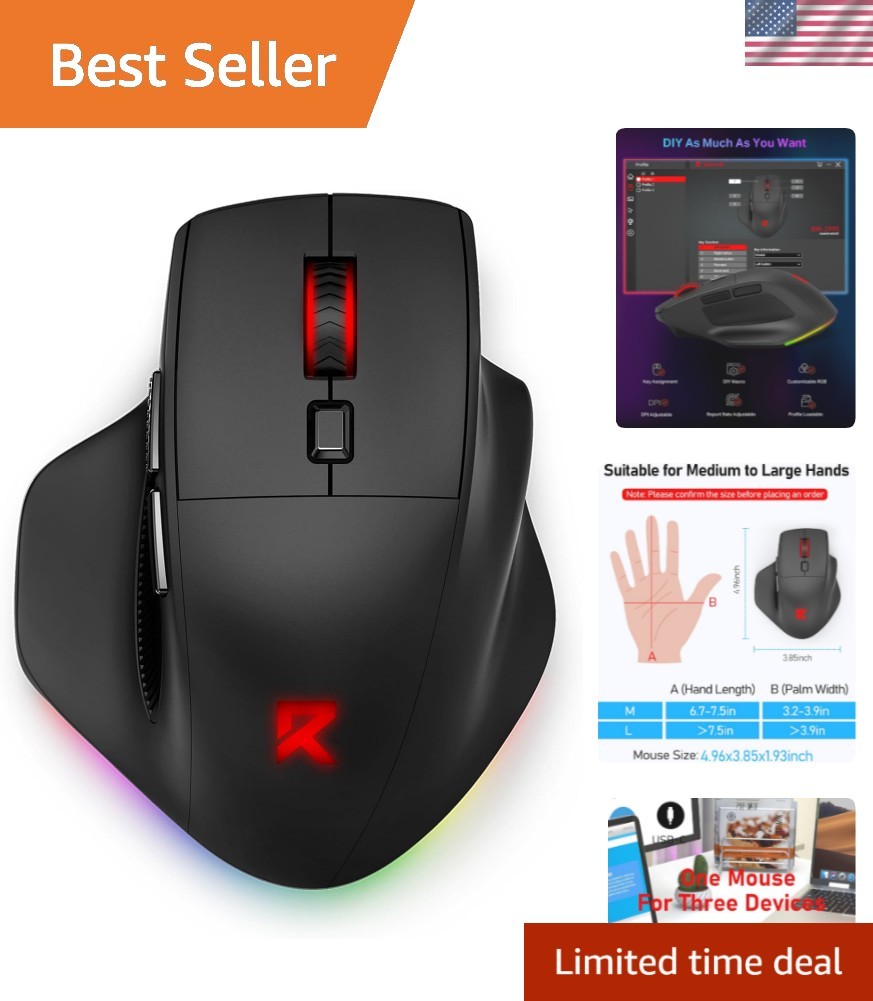Large Wireless Gaming Mouse for Big Hands, Tri-Modes 2.4G/Bluetooth/Wired Rec...