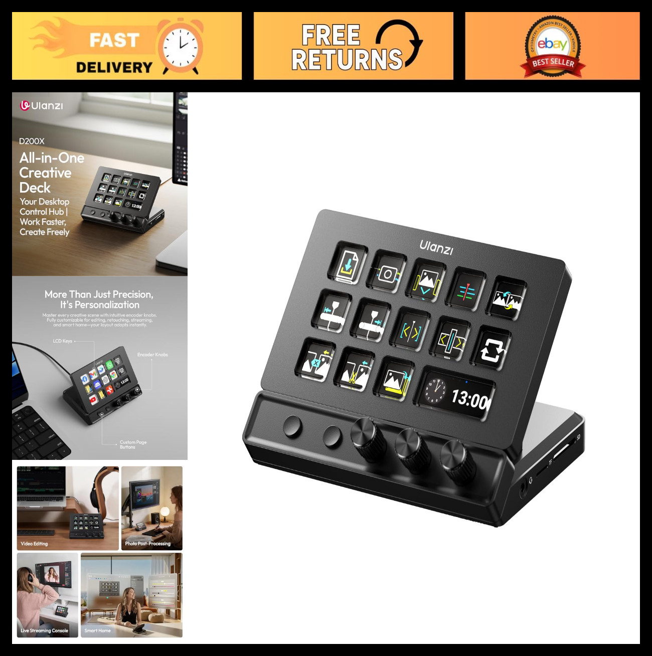 Stream Controller with 3 Knobs, 14 Custom LCD Keys, 8-in-1 USB-C Hub, 4K HDMI fo