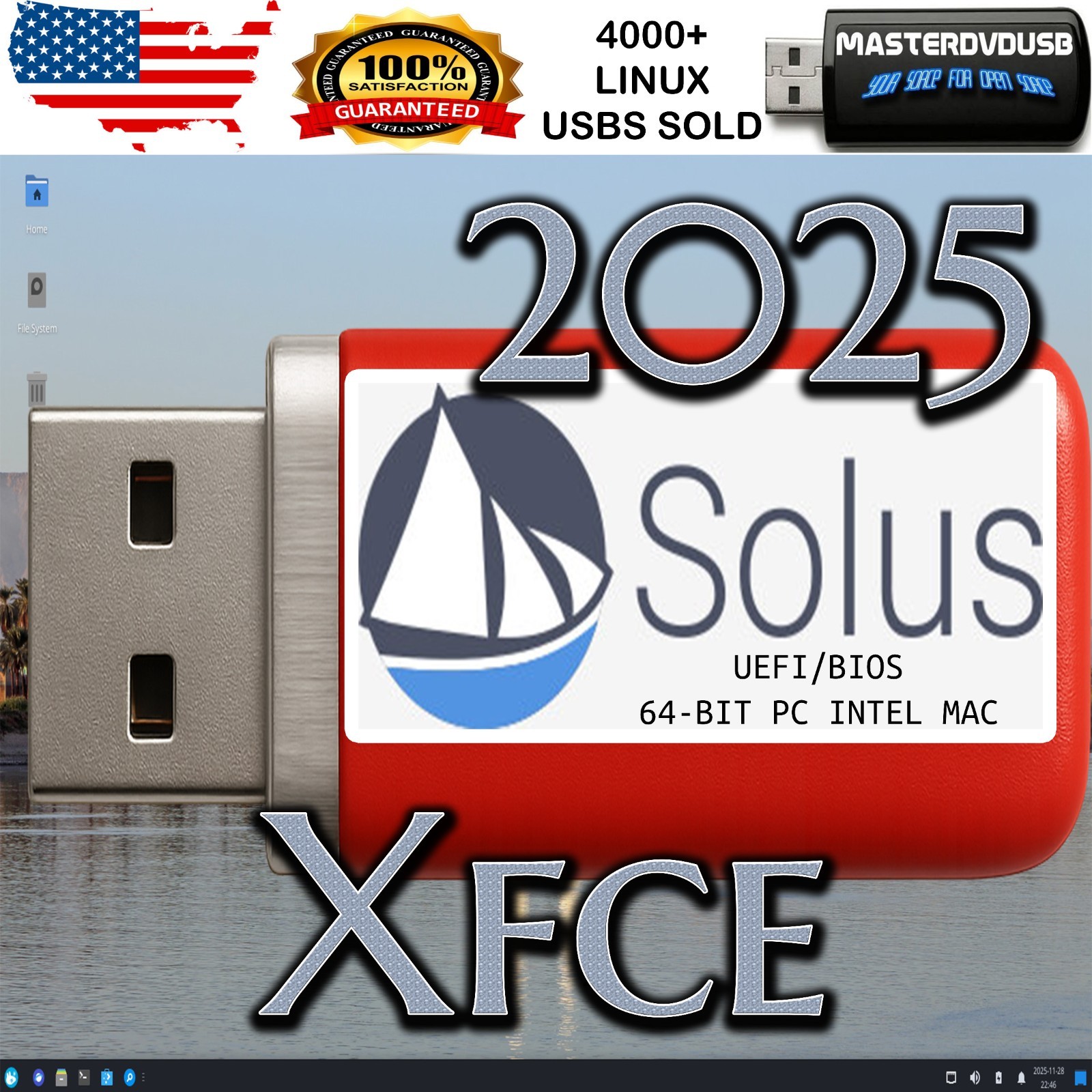 Solus 2025 XFCE – Bootable USB Live Installer – PC & Intel Mac – UEFI/BIOS