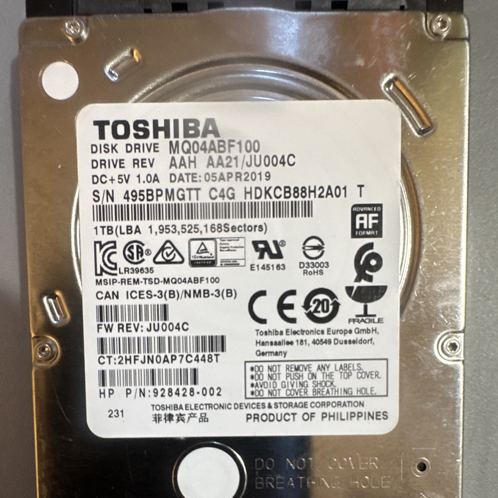 Toshiba Drive MQ04ABF100. Formatted  0002