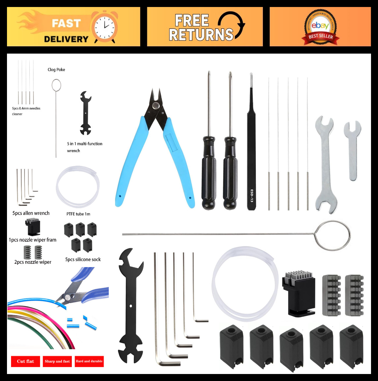 3D Printer Maintenance Tool Kit - Nozzle Wiper, Clog Poke, Silicone Sock & More