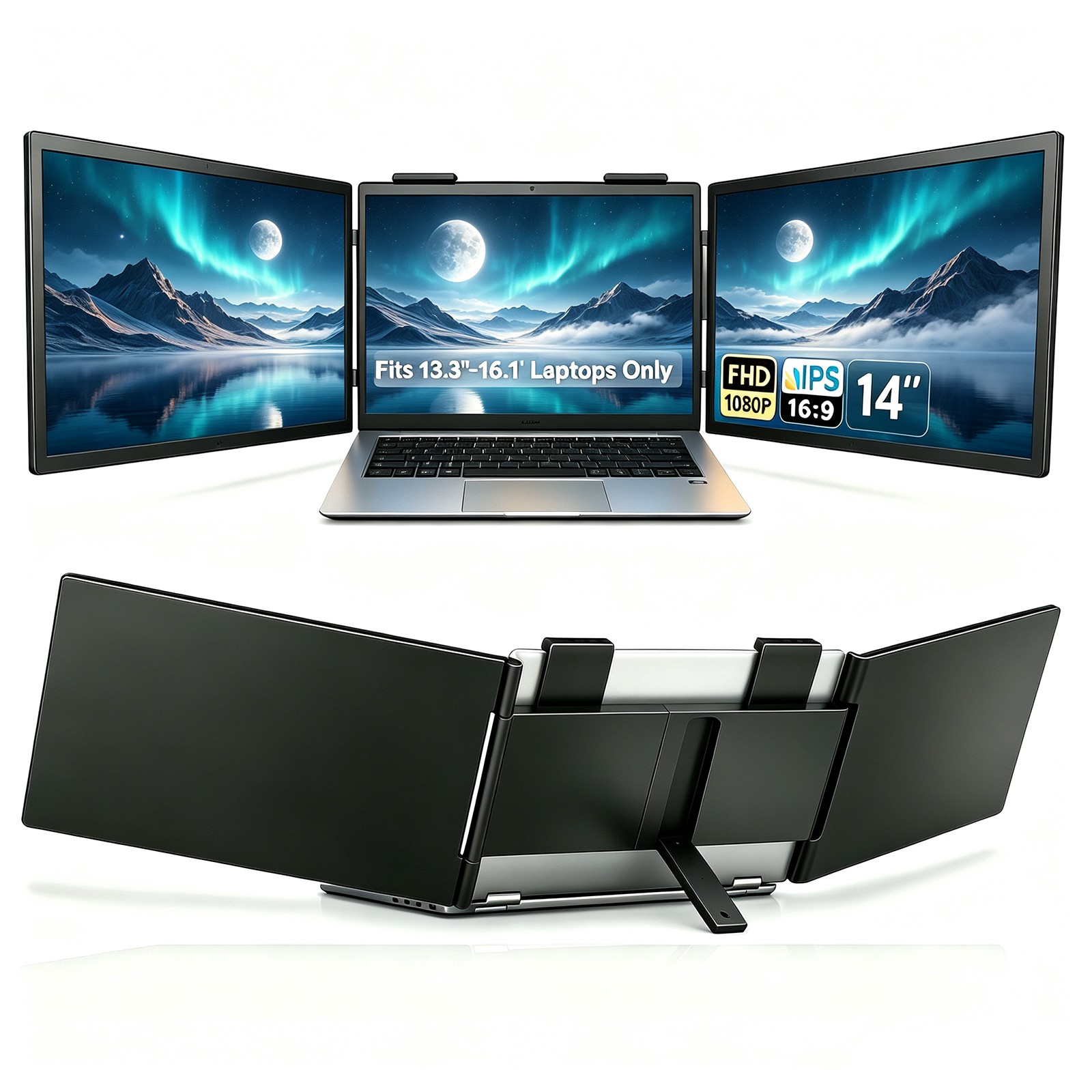 Eviciv 14" Dual Display Portable Monitor 1080P Dual USB-C Extender for Laptop PC