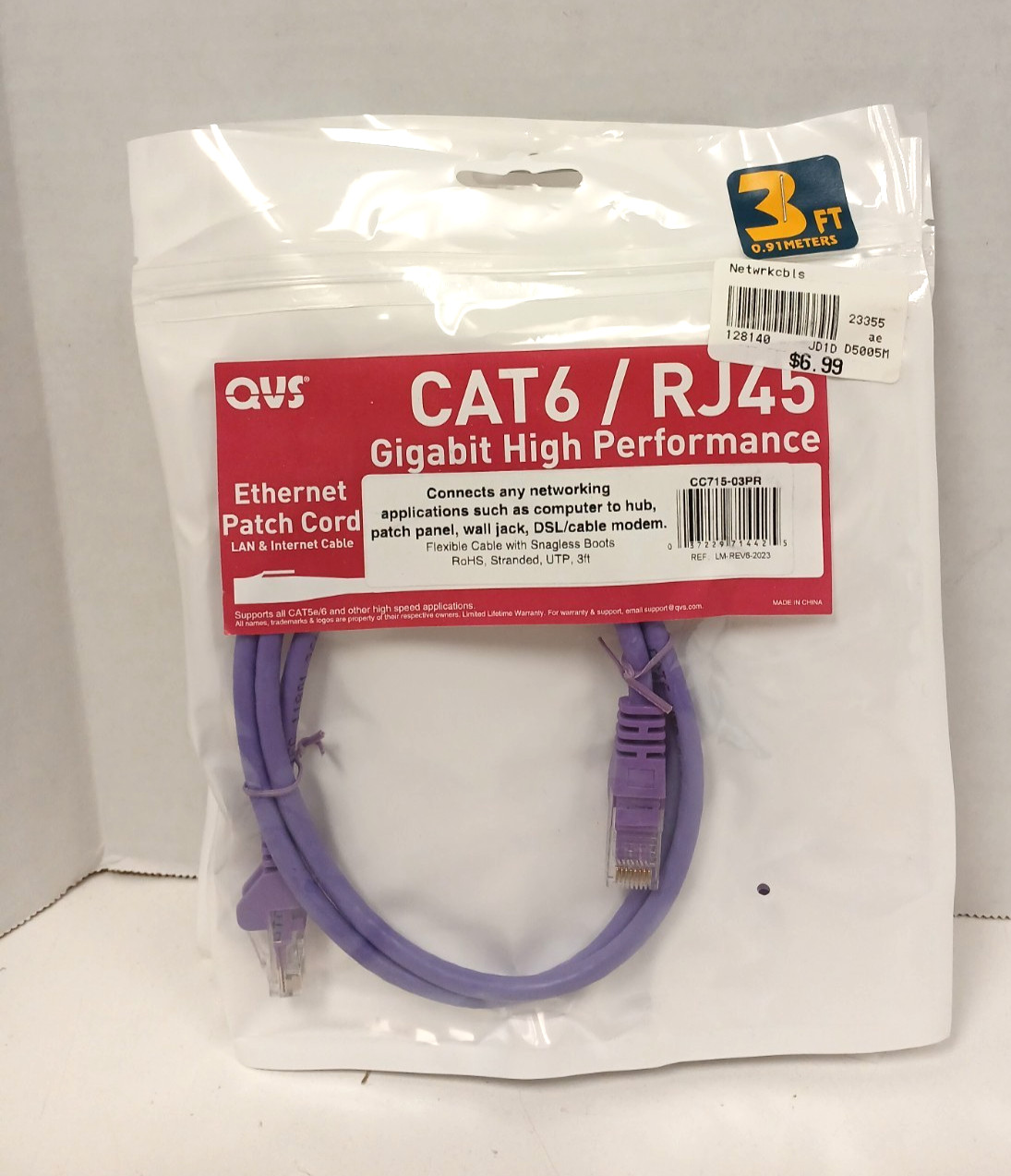 Set of 3 QVS CAT6/RJ45 Gigabit UTP Ethernet Patch Cord, 3ft Purple