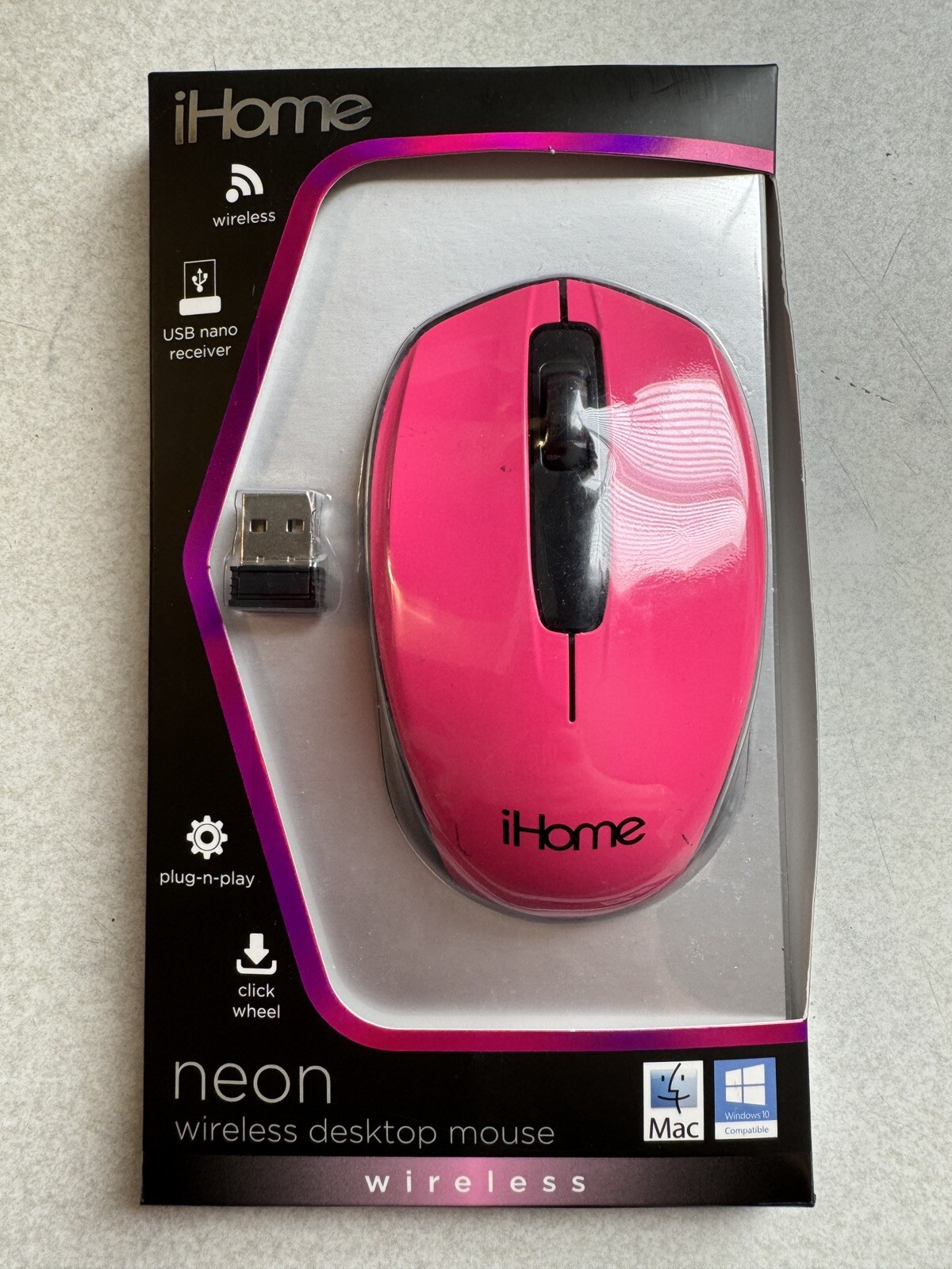 iHome Wireless Desktop Mouse Neon Pink Plug N Play USB Click Wheel Mac PC~READ~