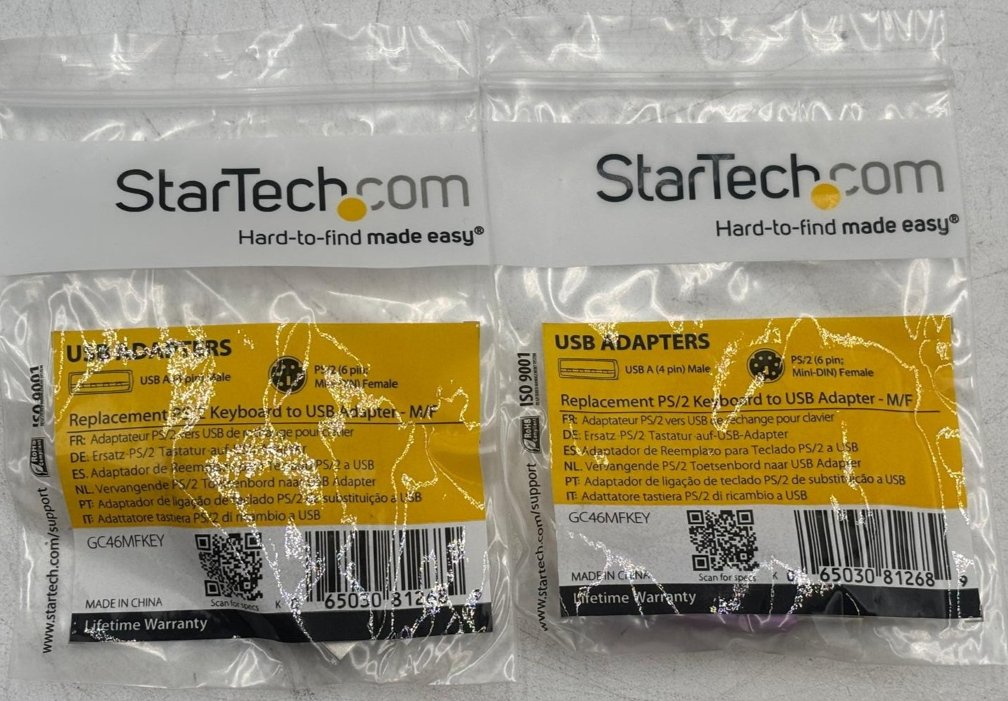 Lot of 2 StarTech.com Replacement PS/2 Keyboard to USB Adapter - M/F