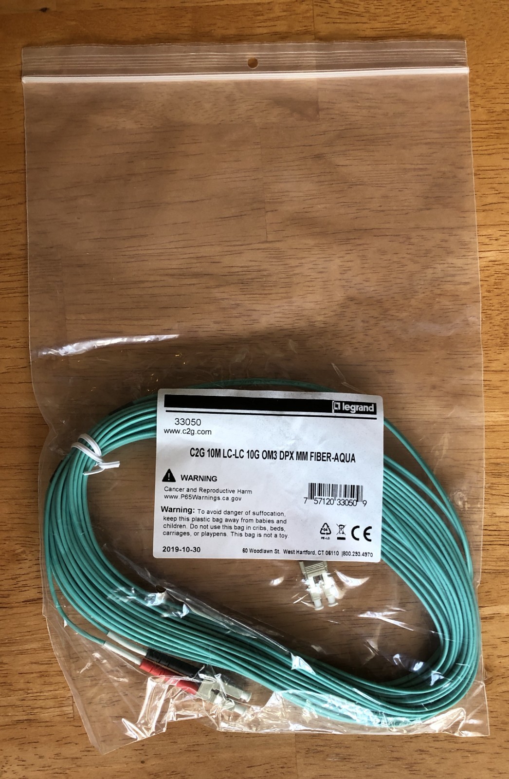 Legrand OM3 LC-LC Fiber Patch Cable 10m 50/125 Duplex Aqua Multimode