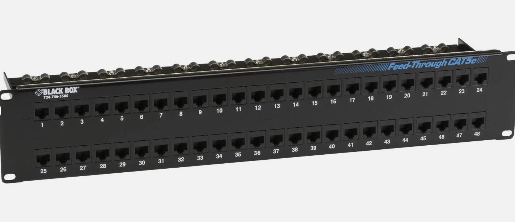 Black Box JPM810A-R2 48 Port Cat5e Feed Through Patch Panel, 2U, Unshielded