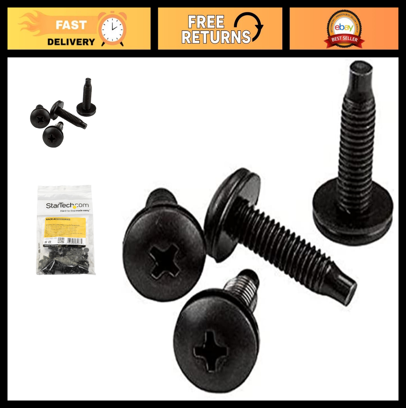 50-Pack 10-32 Rack Mounting Screws 19mm for 19"/10" Racks - Black, TAA Compliant