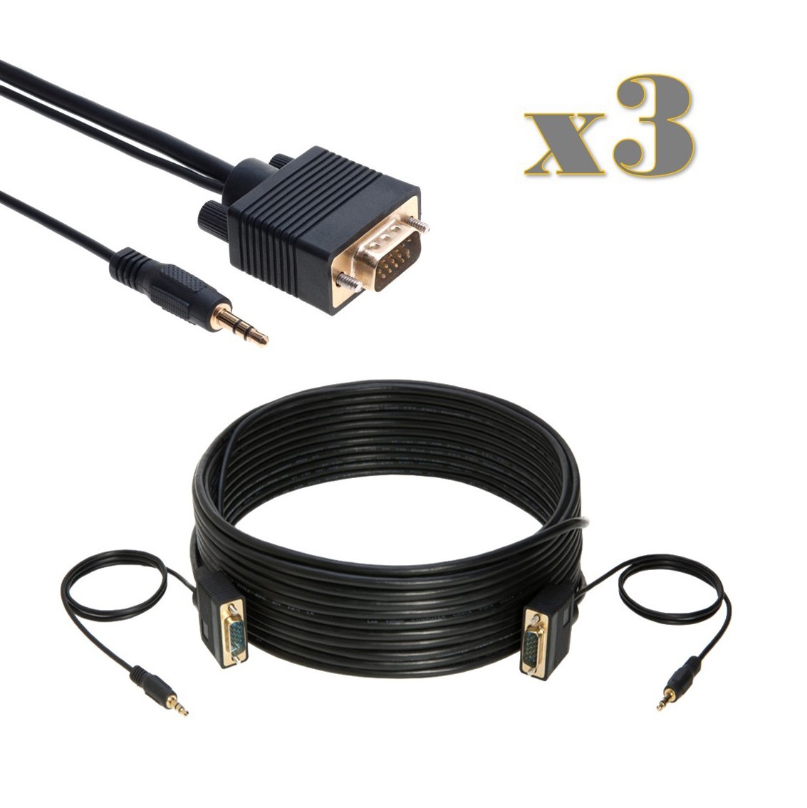 3-Pack - 25FT SVGA M/M + 3.5mm Aux Audio Cable Jack for Monitor PC Projector TV
