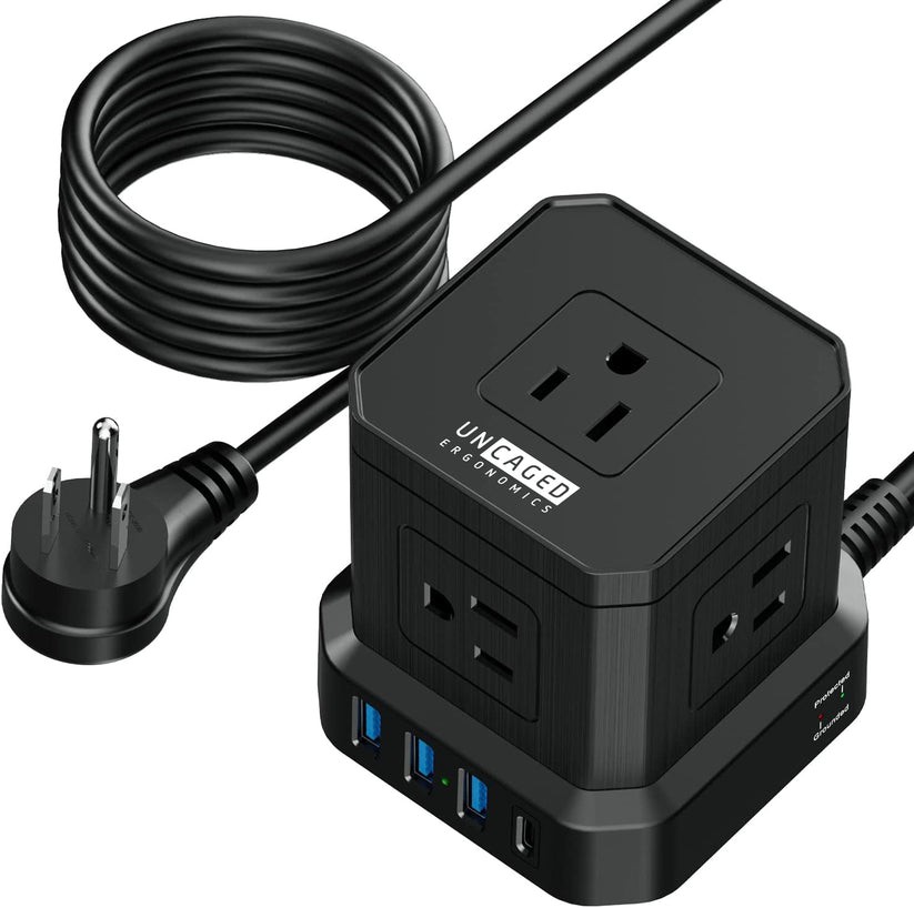 BLACK - UNCAGED ERGONOMICS CUBE SURGE PROTECTOR POWER STRIP WITH USB PORTS 10FT