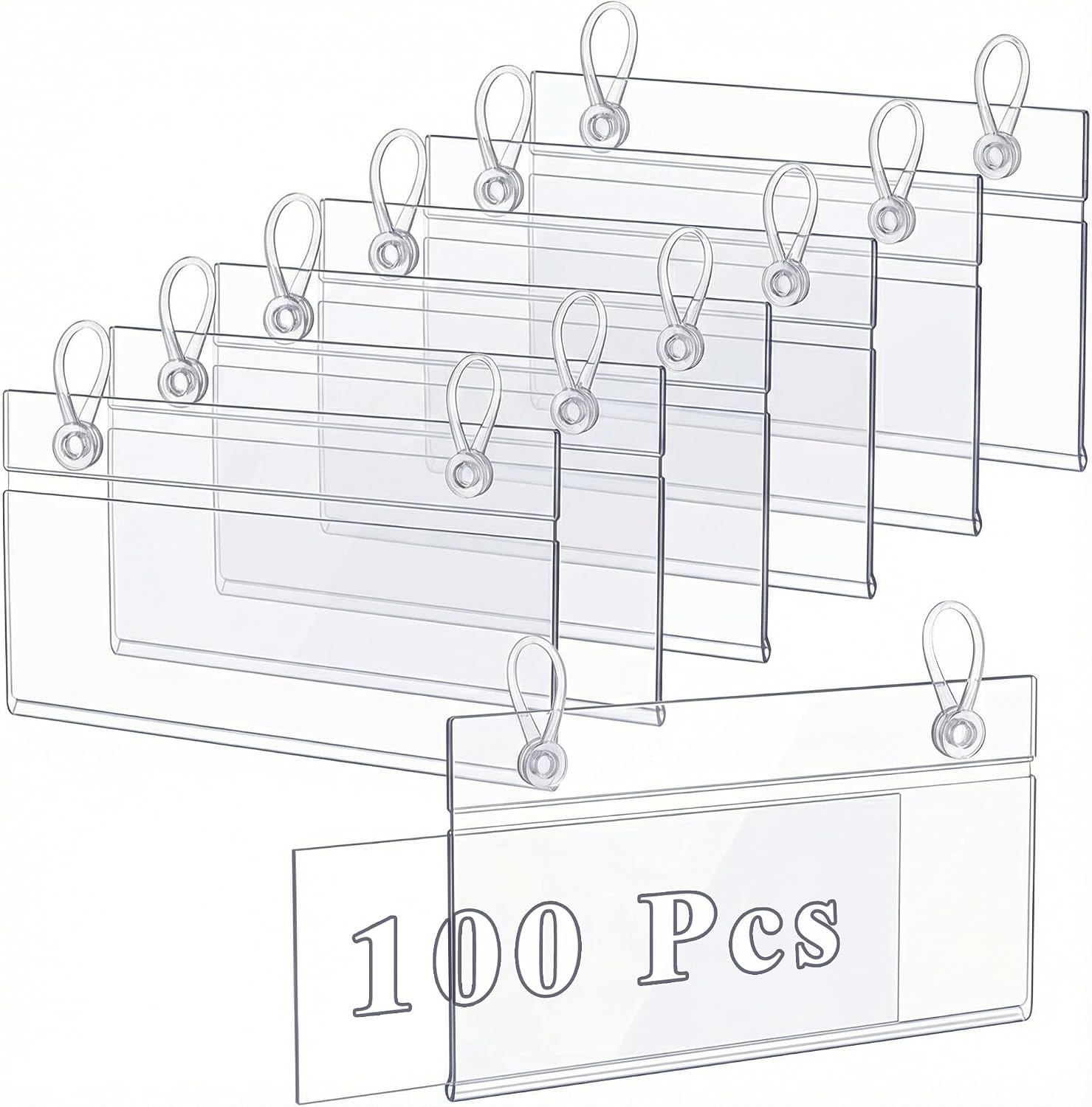 100 Pack Plastic Wire Shelf Label Holders, 4" x 2.3" Clear Price Tag Holder S...
