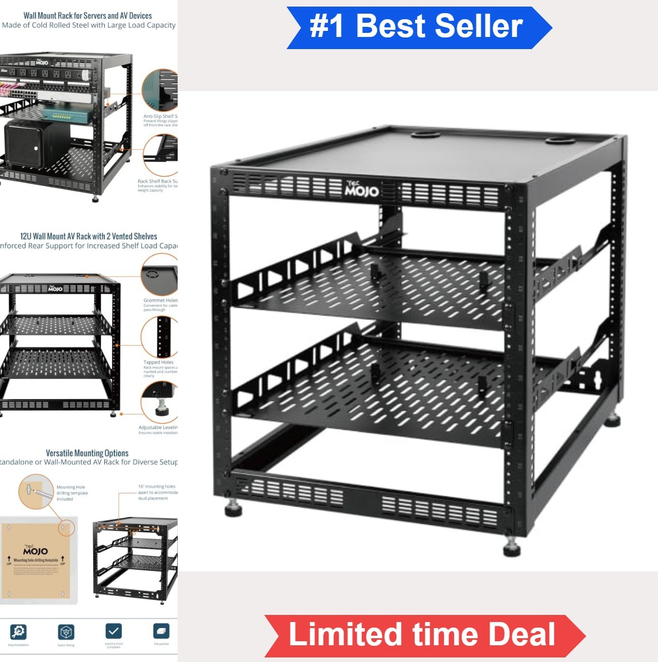 12U Open Frame Network Rack Steel Wall Mount Floor Standing 2 Shelves Hardware