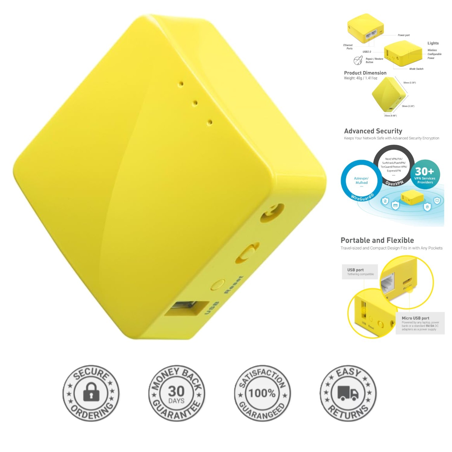 Lightweight Mini Travel Router with Dual Ethernet & Easy Setup via App