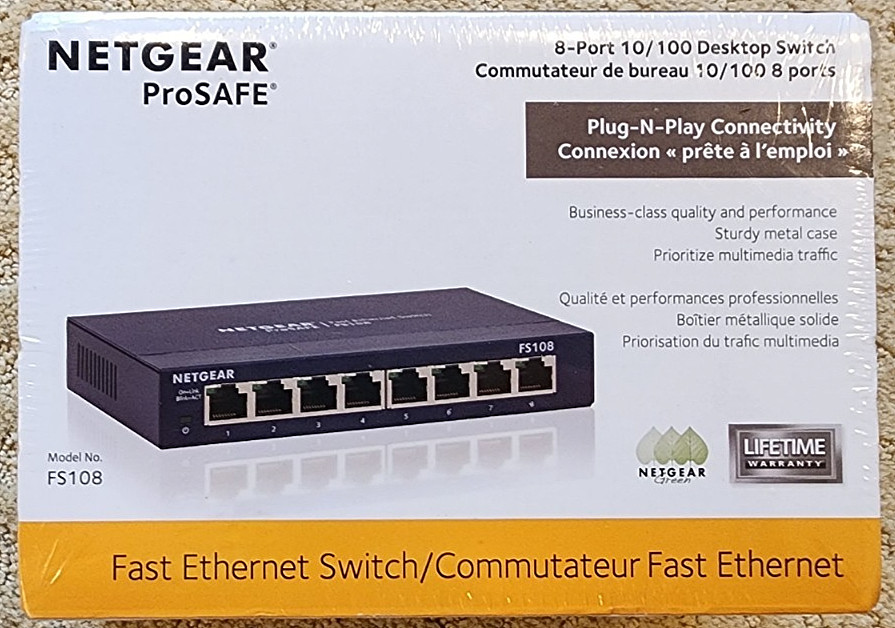 Netgear ProSAFE 8-port 10/100 Desktop Ethernet Switch Model FS108 FACTORY SEALED