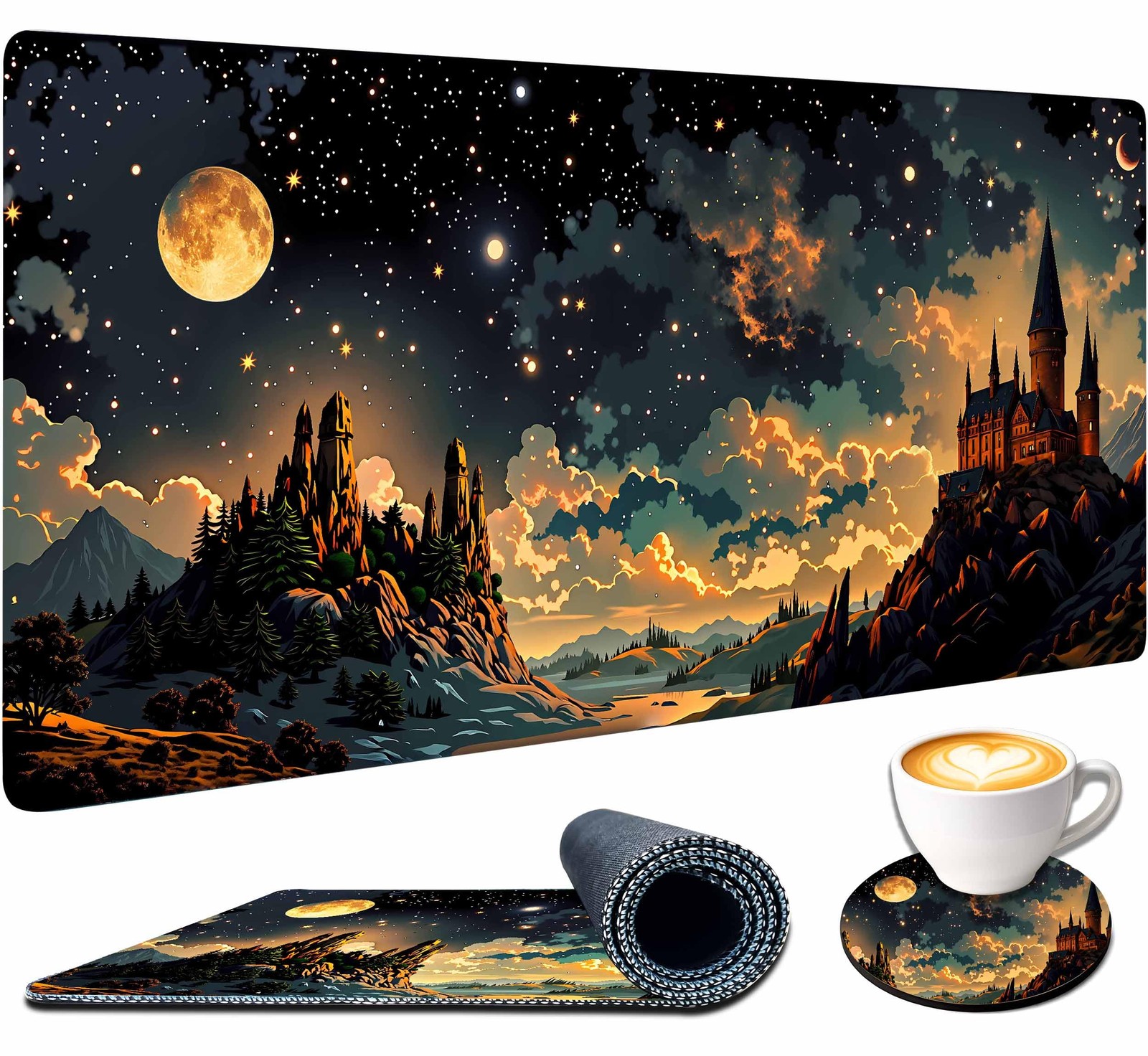 Extended Large Mouse Pad Full Desk Mat Decor Castle Night 31.5x11.8 Inch