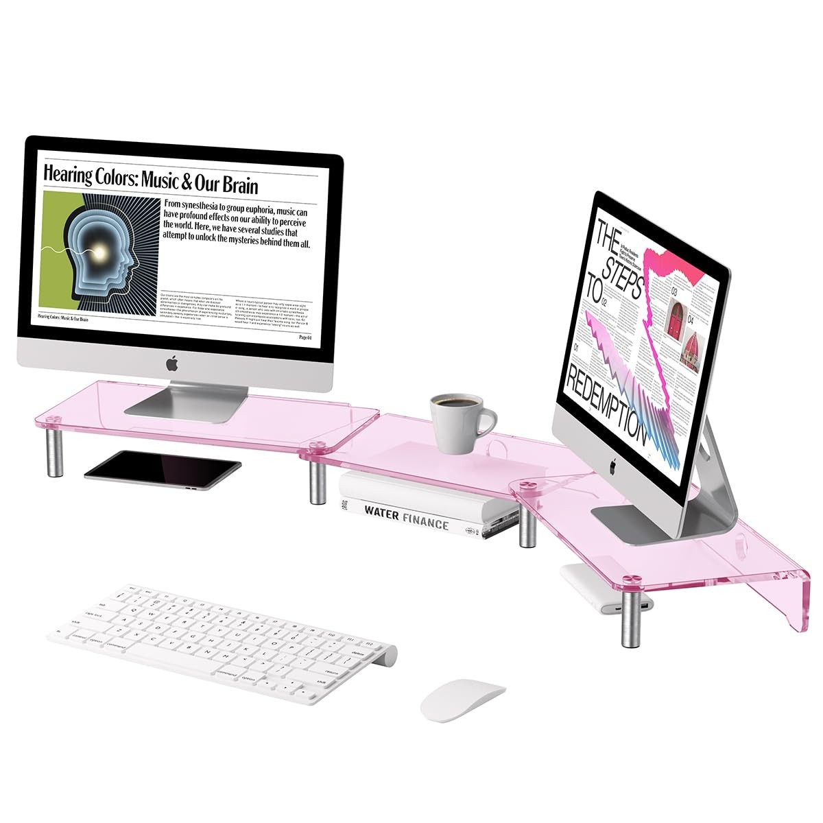 HEWYIOS dual monitor stand riser, 3-layer pink acrylic Pink