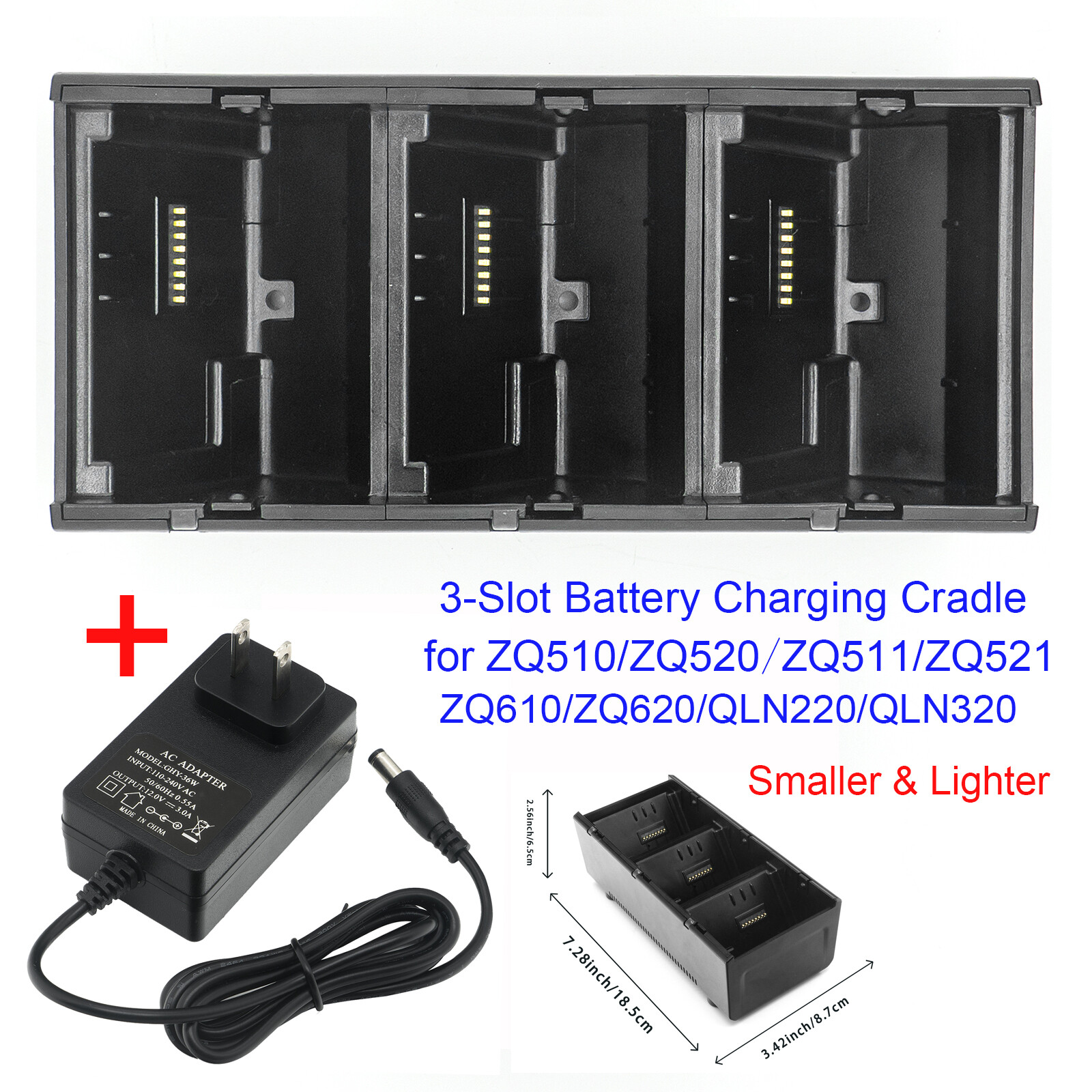 US 3-Slot Battery Charging Cradle + Adapter power supply for Zebra ZQ510 ZQ520