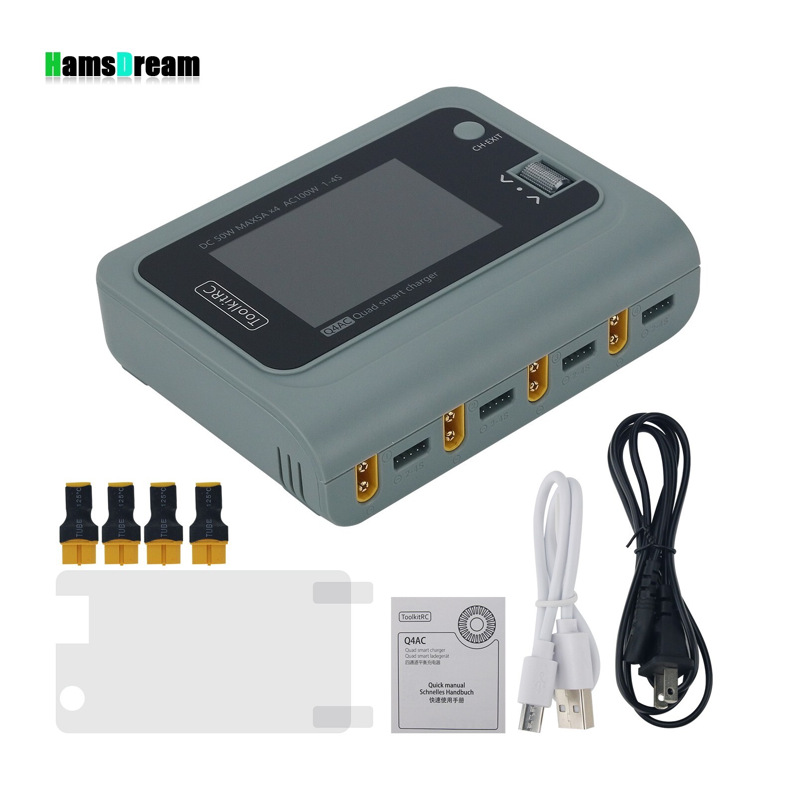 ToolkitRC Q4AC XT60 Output FPV Charger 1-4S 4-CH AC100W/DC50Wx4 Li Charger