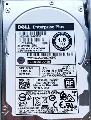 New 5H3XX 05H3XX DELL Plus 1.8TB 10K SAS 12G 2.5'' HDD HUC101818CS4204 no tray