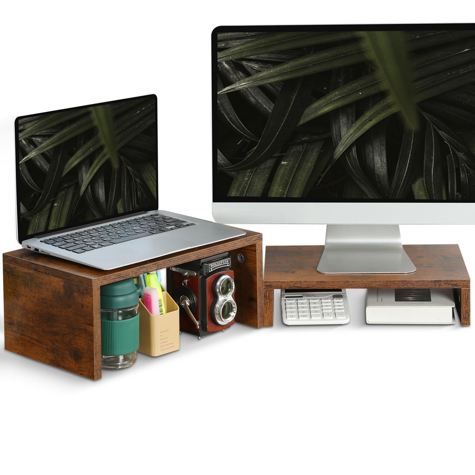 2 Pack Monitor Stand Riser Rustic Brown,Wood 2 Tier Adjustable Monitor Stand ...