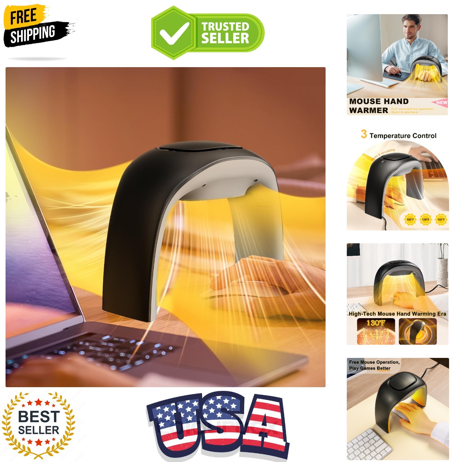 Desk Mouse Pad Hand Warmer Super Quiet 110v 100w - Black | 3 Heating Modes Pe...