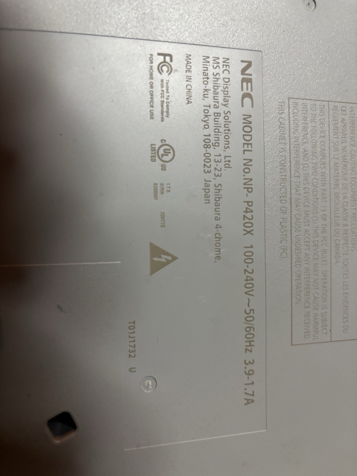 NEC NP-P420X DLP Projector 4200 ANSI Lumens XGA 1024x768 HDMI White