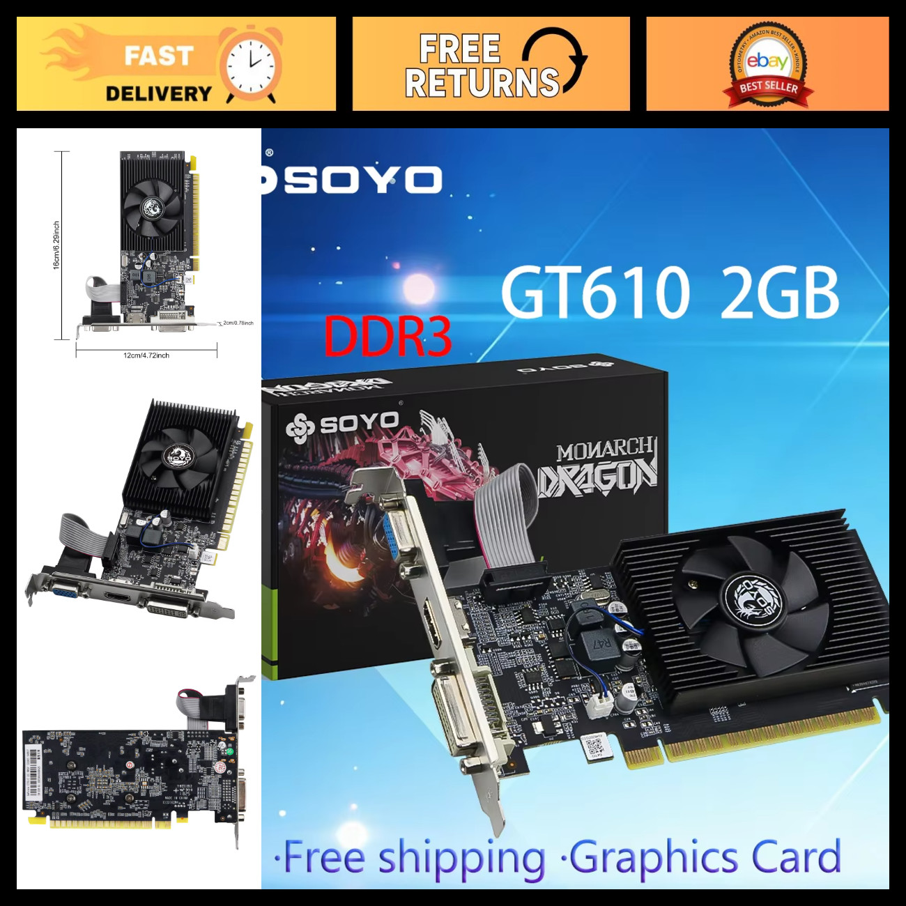 GT610 2GB Half-Height Graphics Card DDR3 64Bit Gaming Video Card for Desktop