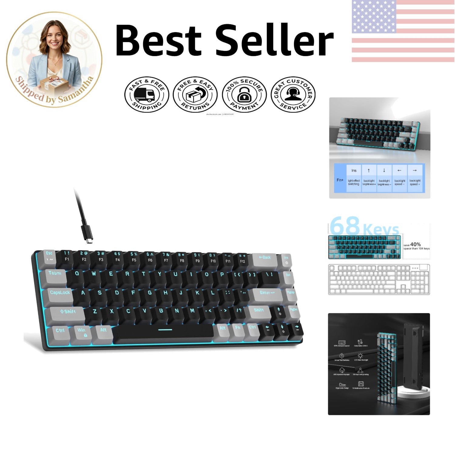 Compact 68-Key MK-Box Mechanical Gaming Keyboard - USB-C, Ambidextrous Design