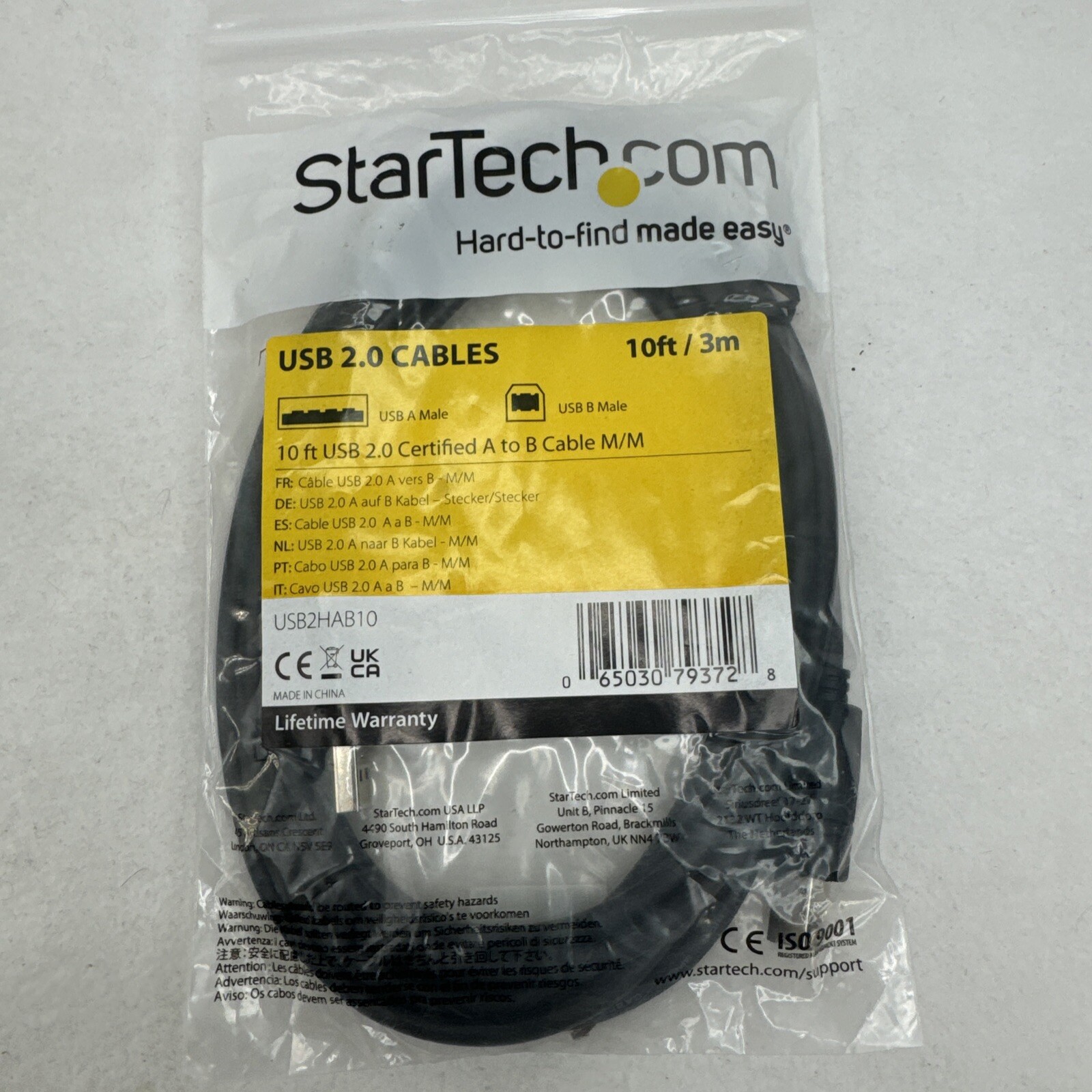 StarTech USB2HAB10 10ft USB 2.0 Certified A to B Cable Male To Male
