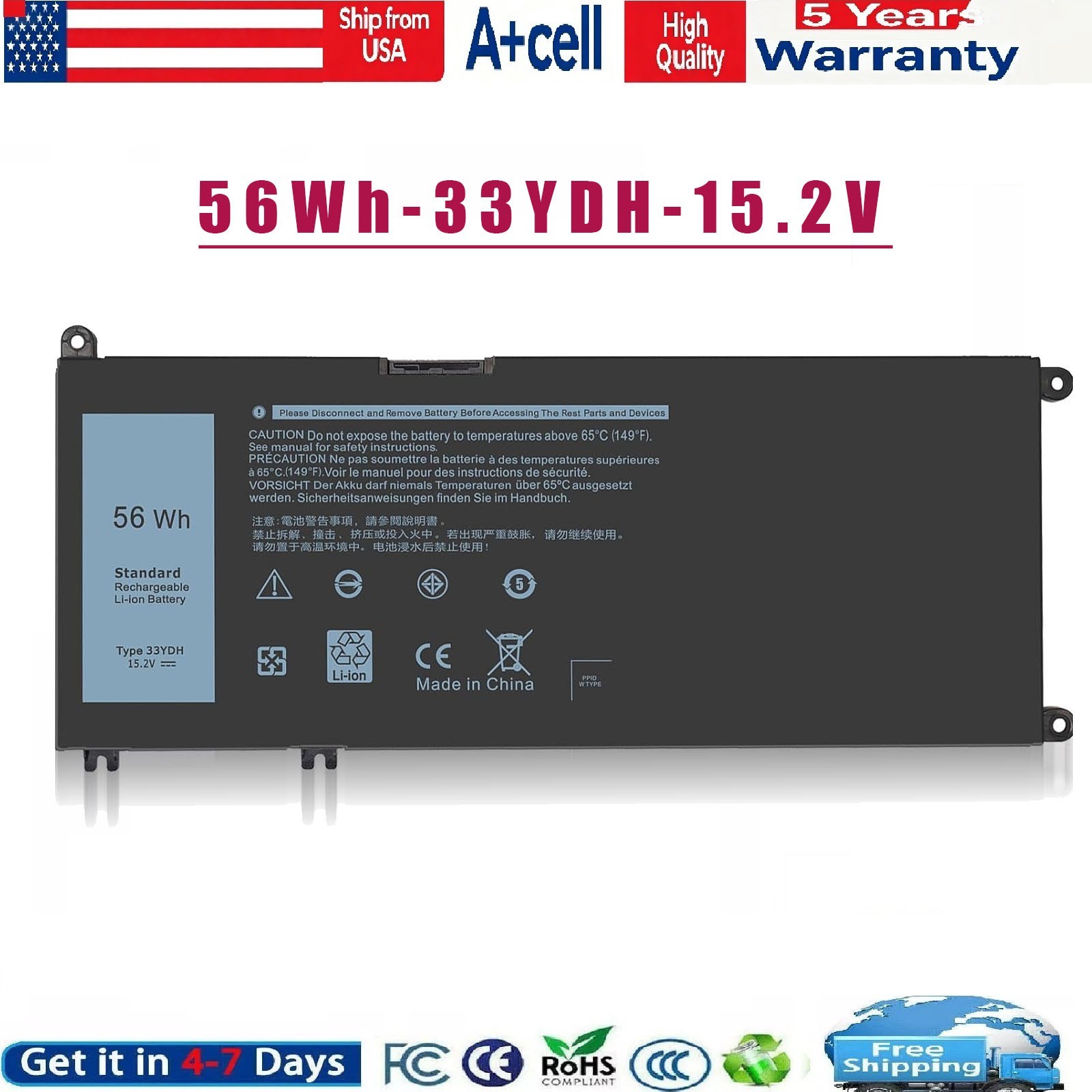 56Wh 33YDH Battery For Dell Latitude 3380 3480 3490 3580 3590 Inspiron 7577 7586