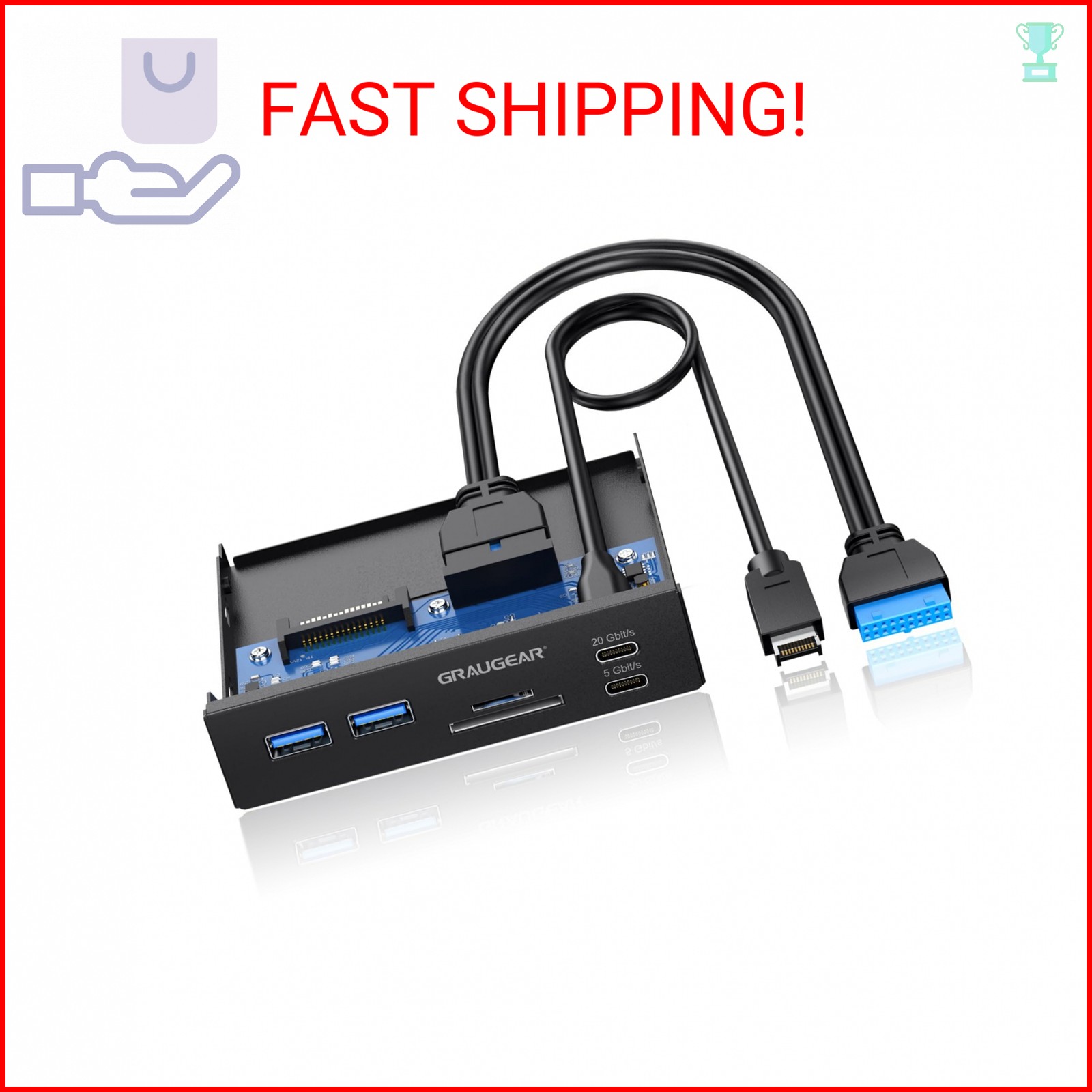 GRAUGEAR 3.5 Inch Front Panel USB C Hub, SD/microSD Internal Card Reader, 20Gbps