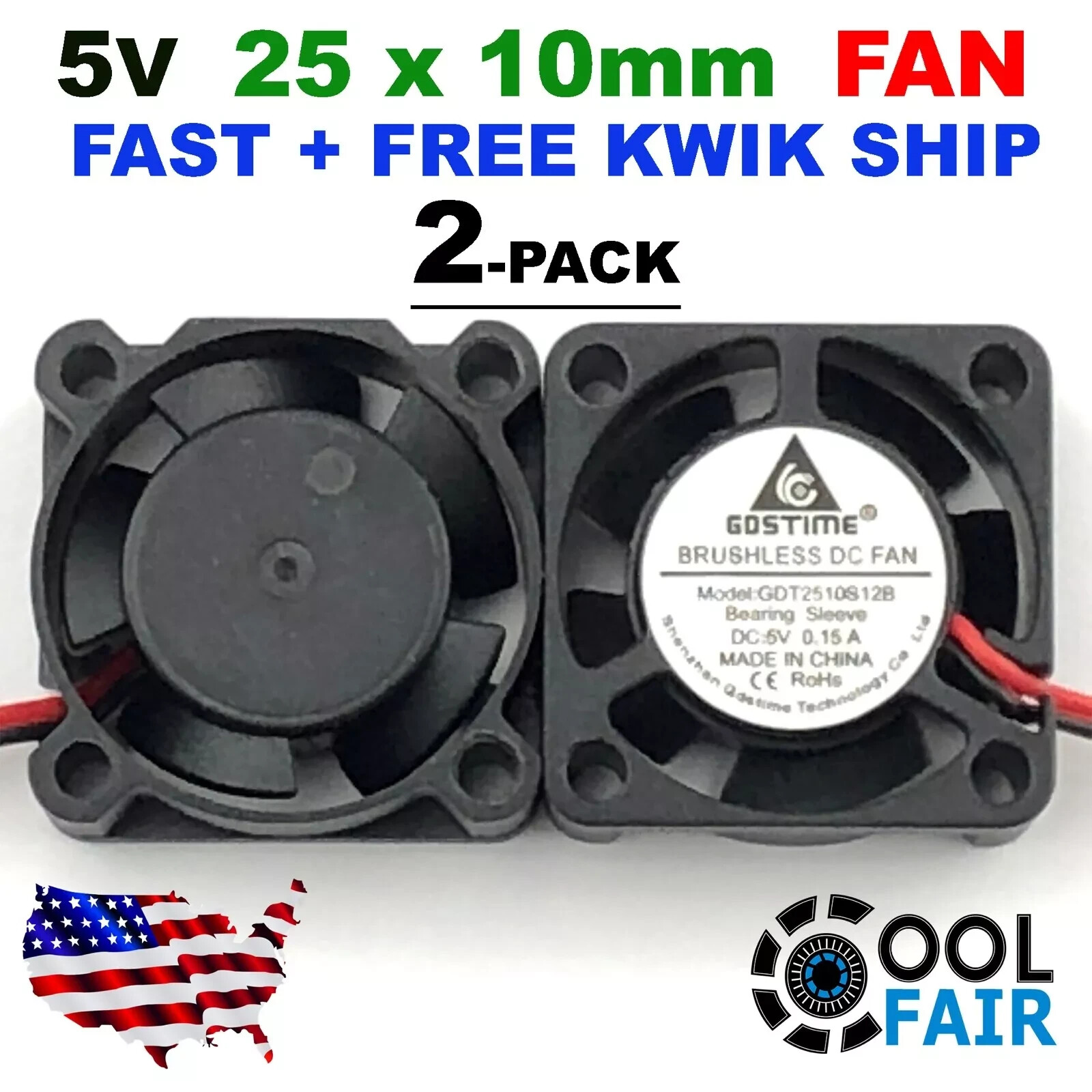 5v 25mm Cooling Computer Fan 2510 25x25x10mm DC 3D Printer Case 2-Pin 2 Pcs B9