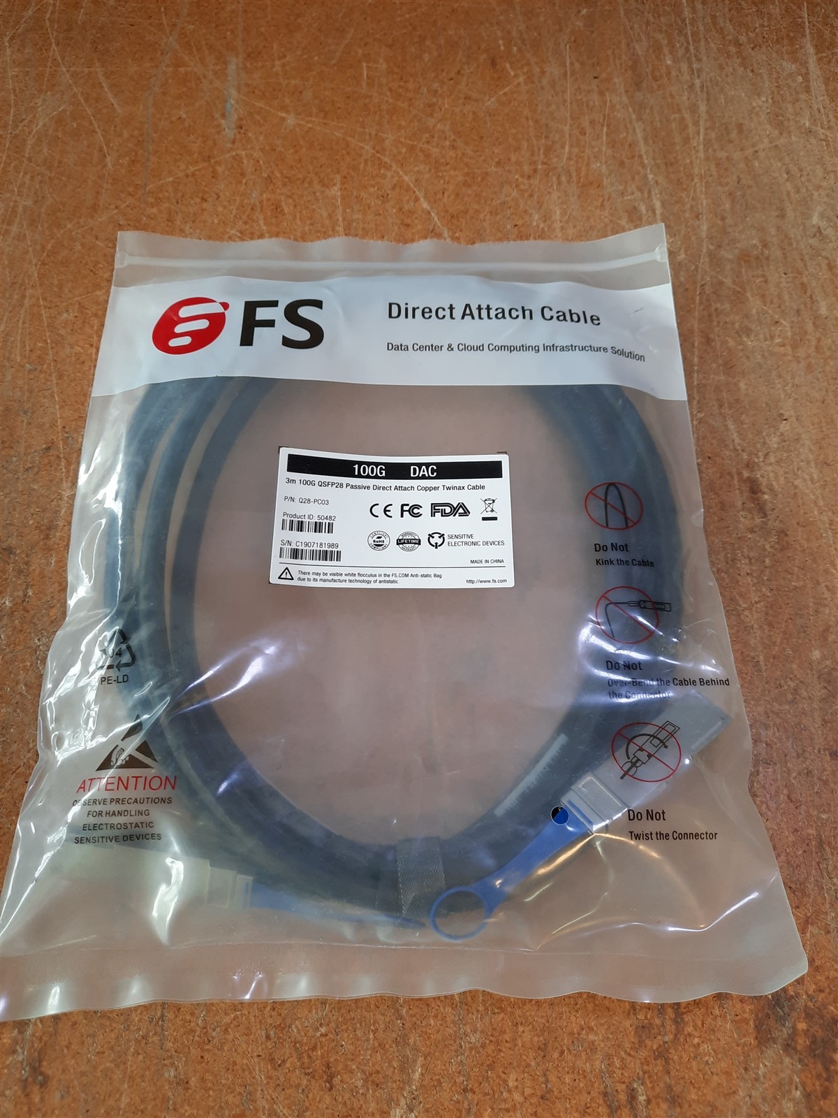 FS 100G DAC Cable 3M QSFP28 Q28-PC03 50482 Passive Direct Attach Copper Twinax