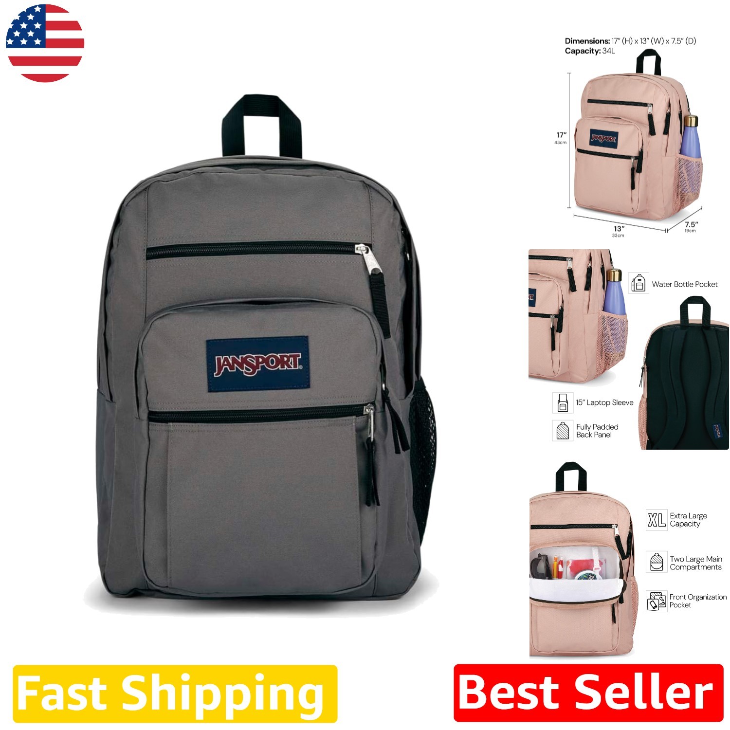 Graphite Grey Laptop Backpack - 15" Padded Sleeve, 2 Compartments, Ergonomic ...