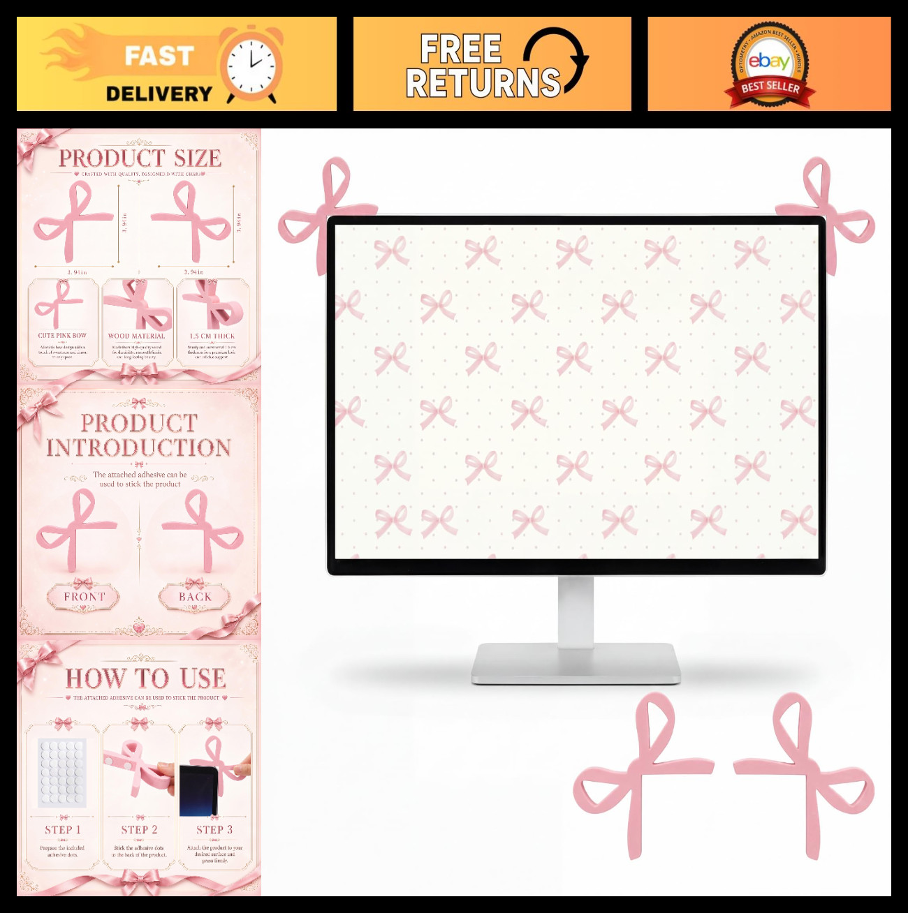 2 Pcs Soft Pink Bow Computer Monitor Decor 3D Cute Wood Computer Decor