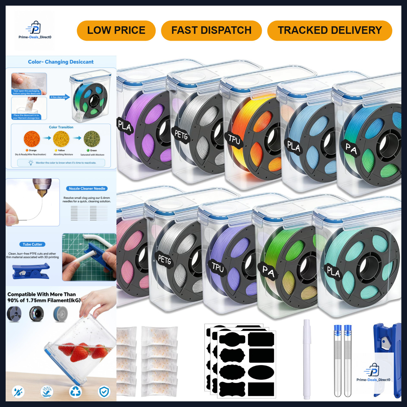 10 Pack Filament Storage Box with Desiccants, Labels & 0.4mm Needles - Organize