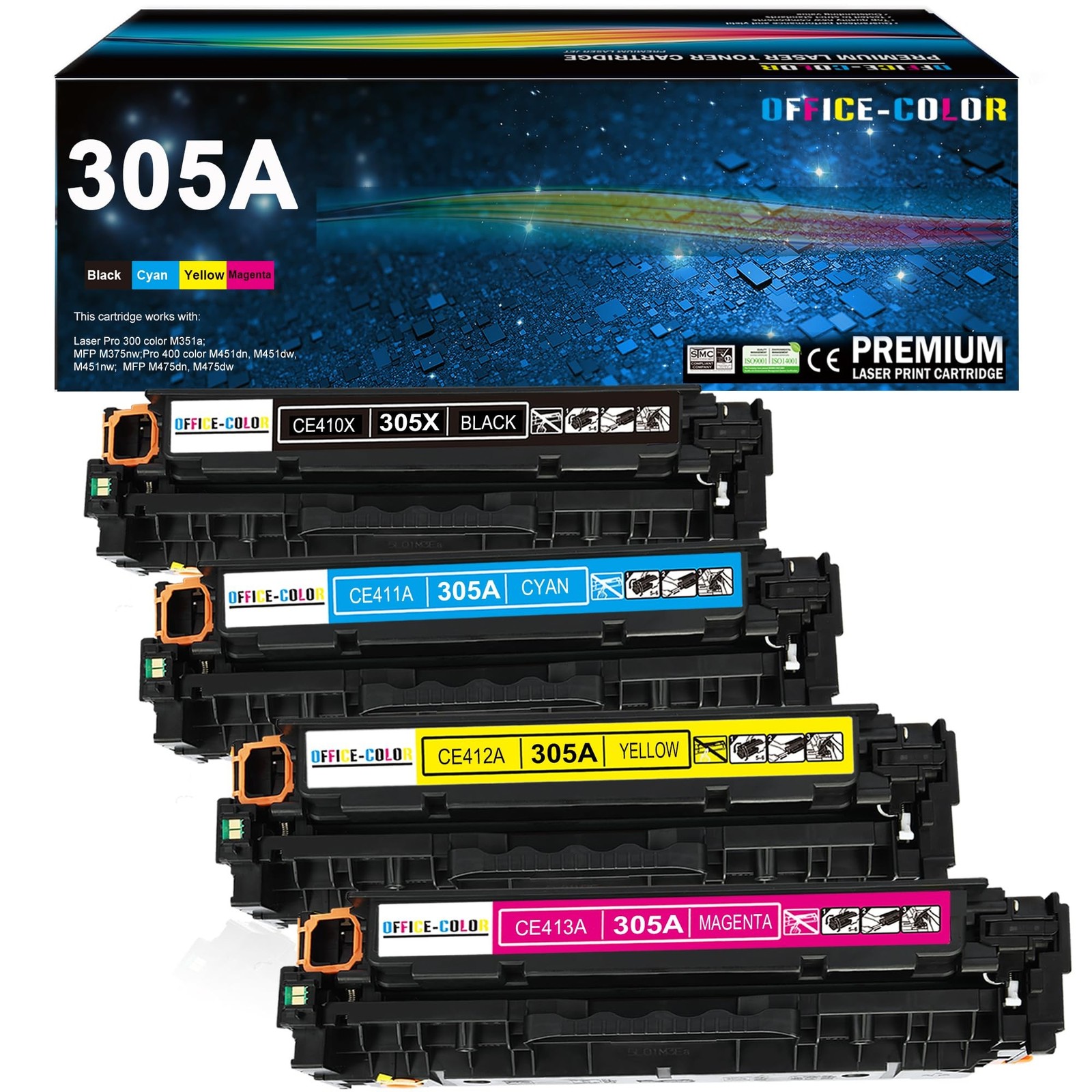 305A Black,Cyan,Magenta,Yellow Toner Cartridges 4 Pack for HP Laserjet Pro 40...
