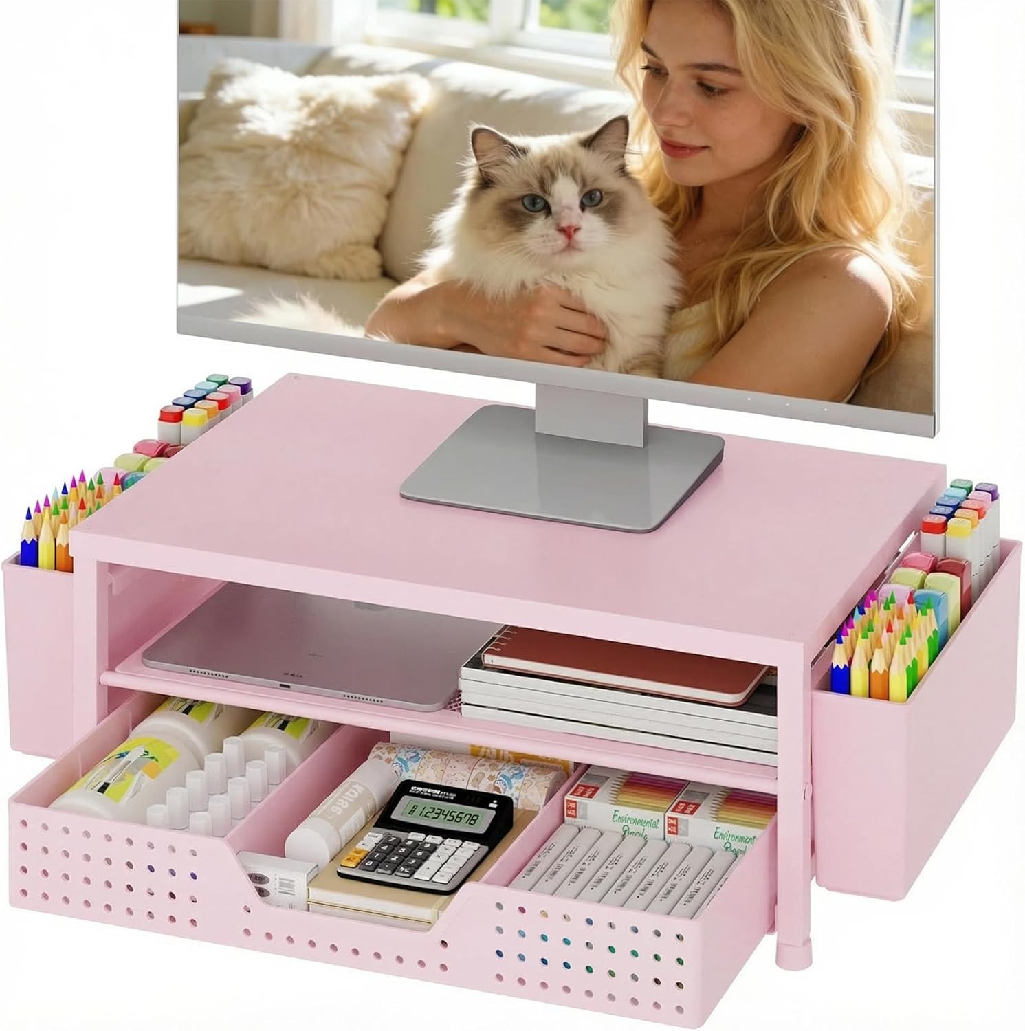 Desk Organizers and Accessories, 2-Tier Computer Monitor Stand Riser with Drawer