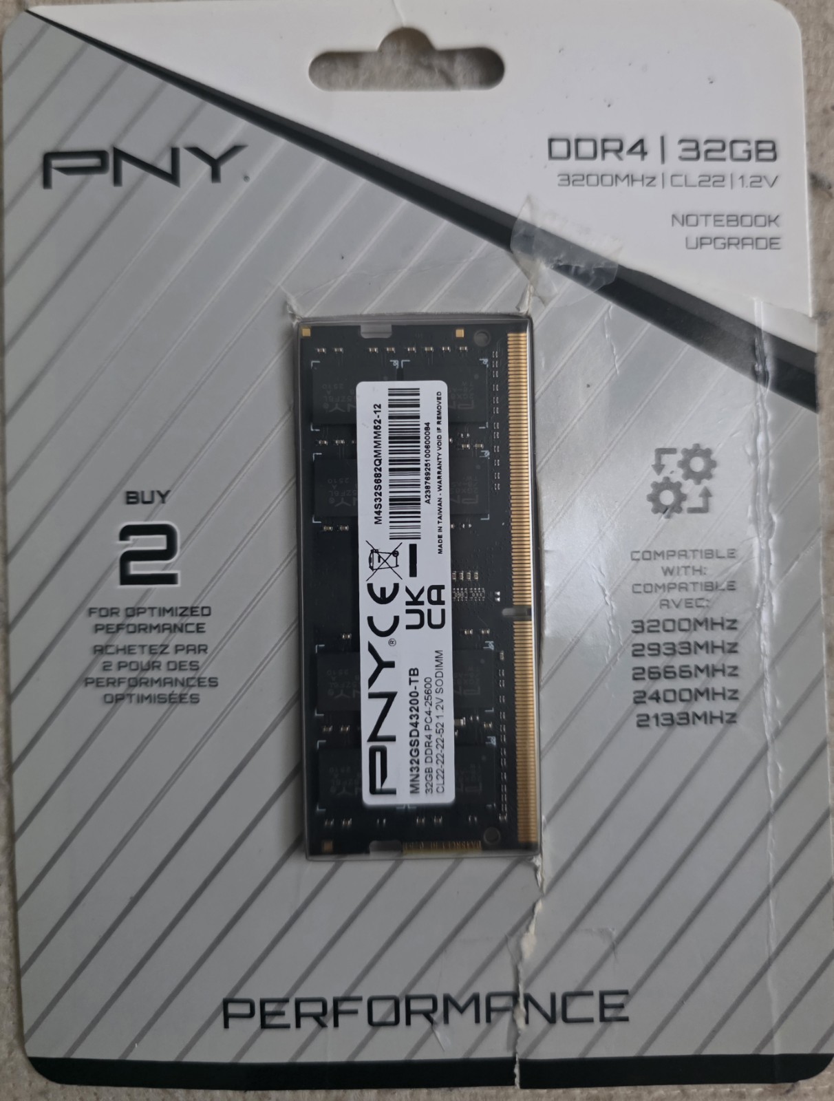 PNY DDR4 32GB (1x32GB) 3200MHz CL22 Performance Notebook MemoryPC4-25600, CL22,