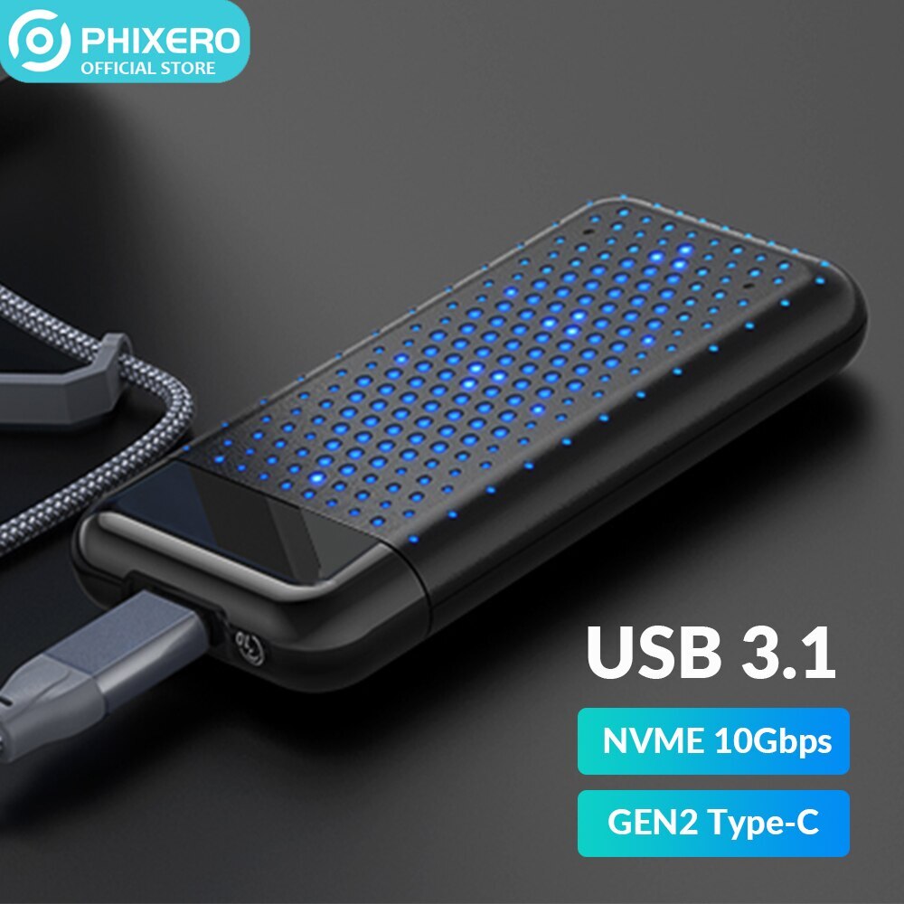 PHIXERO RGB M.2 Nvme SSD Enclosure Reader External USB 3.2 Gen 2 Type C 10Gbps